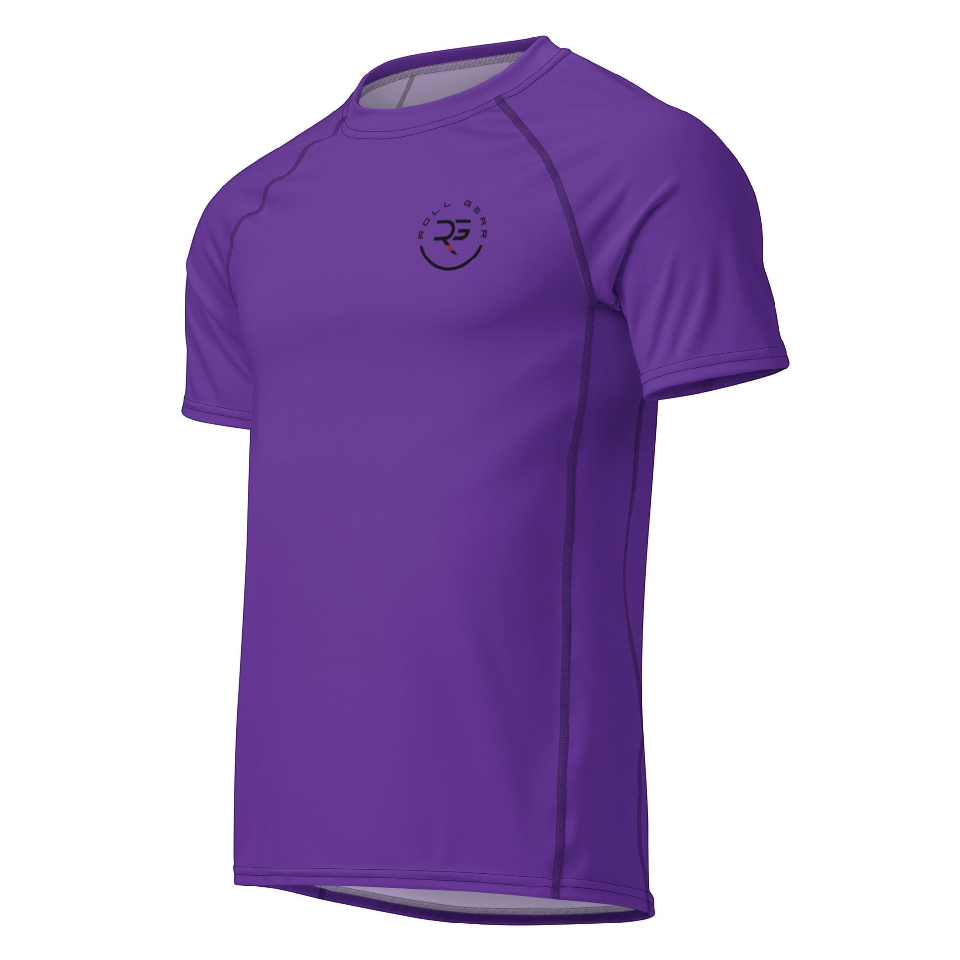 Roll Gear solid purple short-sleeve performance rash guard with crew neck and reinforced seams. Adult/Unisex.