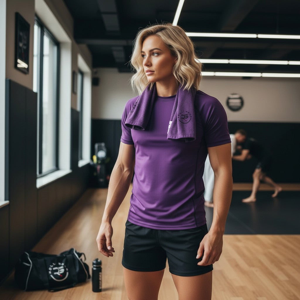 Roll Gear adult/unisex solid purple performance rash guard with short sleeves and a crew neck, worn by a man in a gym.