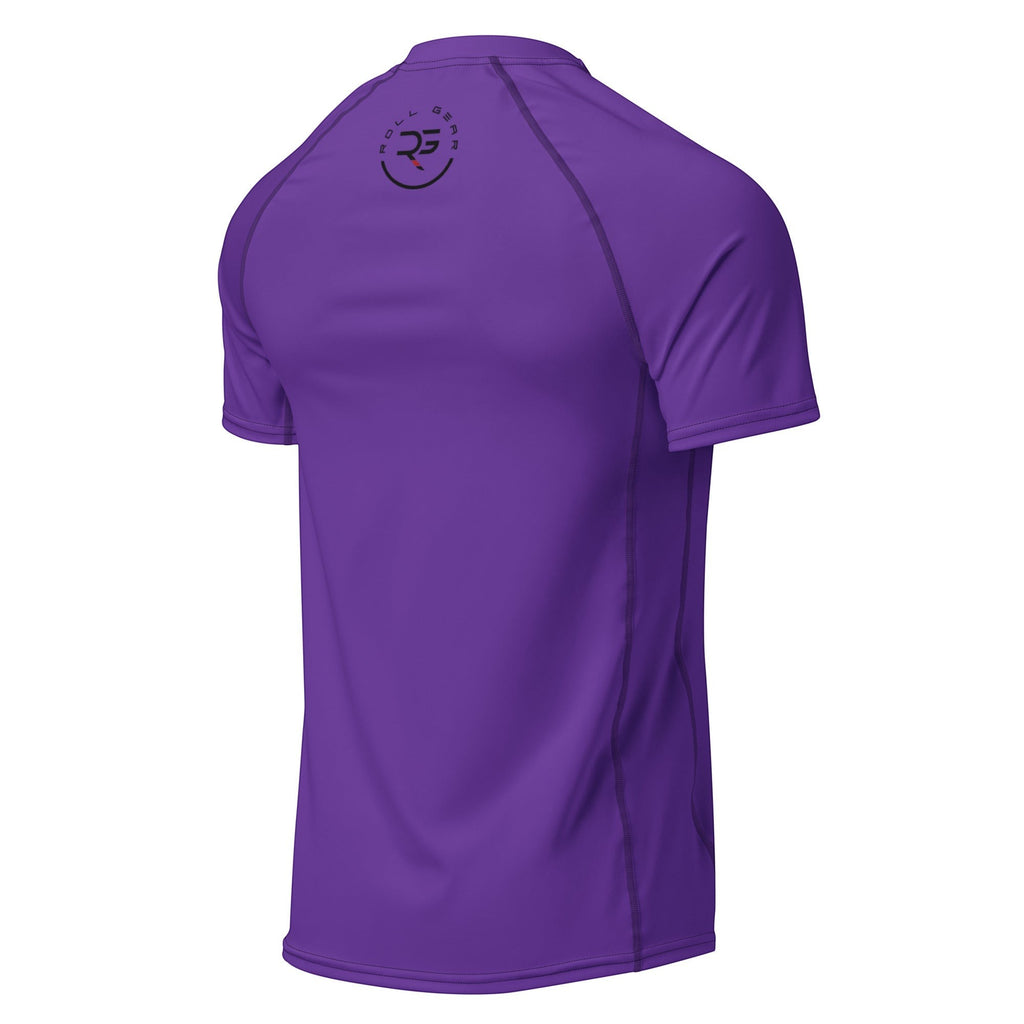 Roll Gear short-sleeve purple performance rash guard with reinforced seams and logo on back. Adult/Unisex.