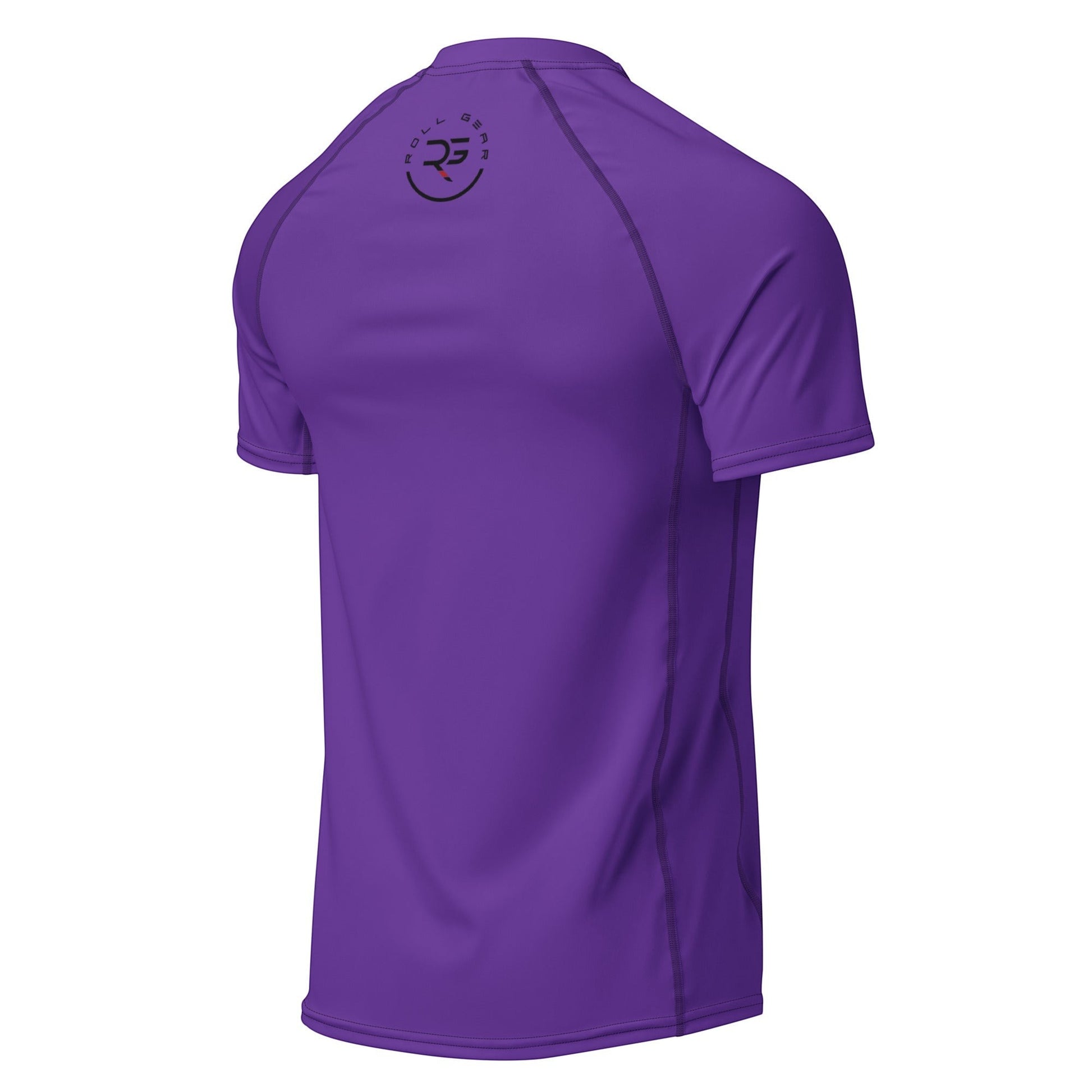 Roll Gear short-sleeve purple performance rash guard with reinforced seams and logo on back. Adult/Unisex.