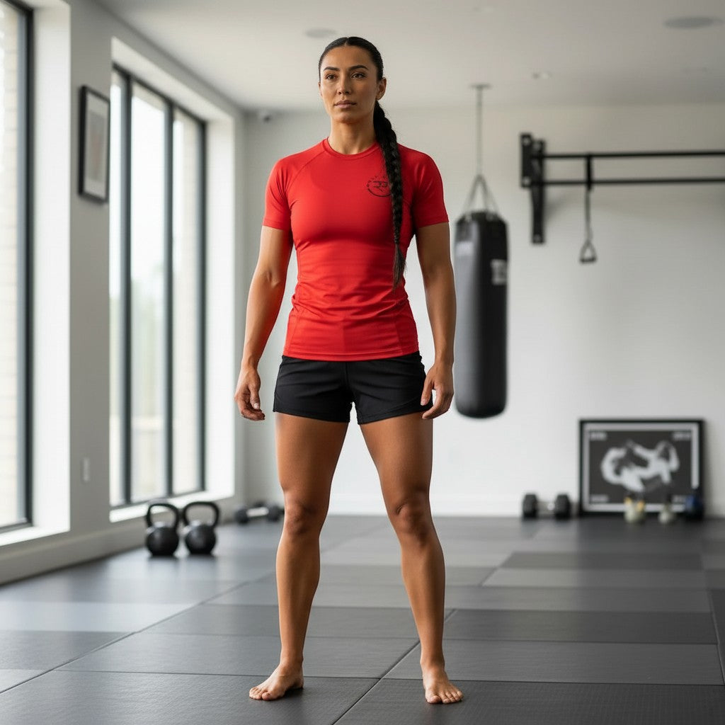 Roll Gear red short-sleeve performance rash guard with black logo on chest, fitted cut, and flatlock seams.