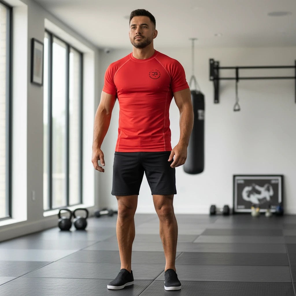 Roll Gear red short-sleeve performance rash guard with black logo on chest, fitted cut, made from recycled polyester and spandex.