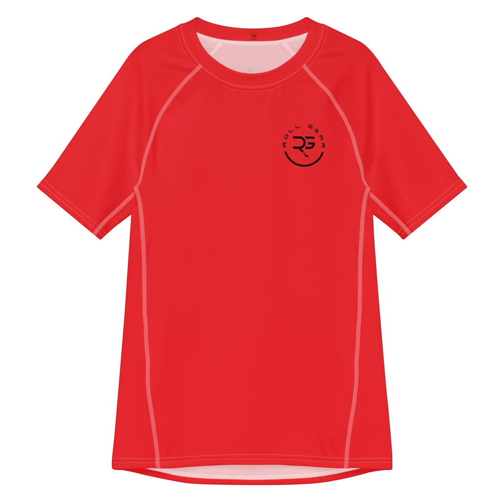 Roll Gear Performance Rash Guard, all red, short sleeve, moisture-wicking, UPF 50+ sun protection, fitted cut.