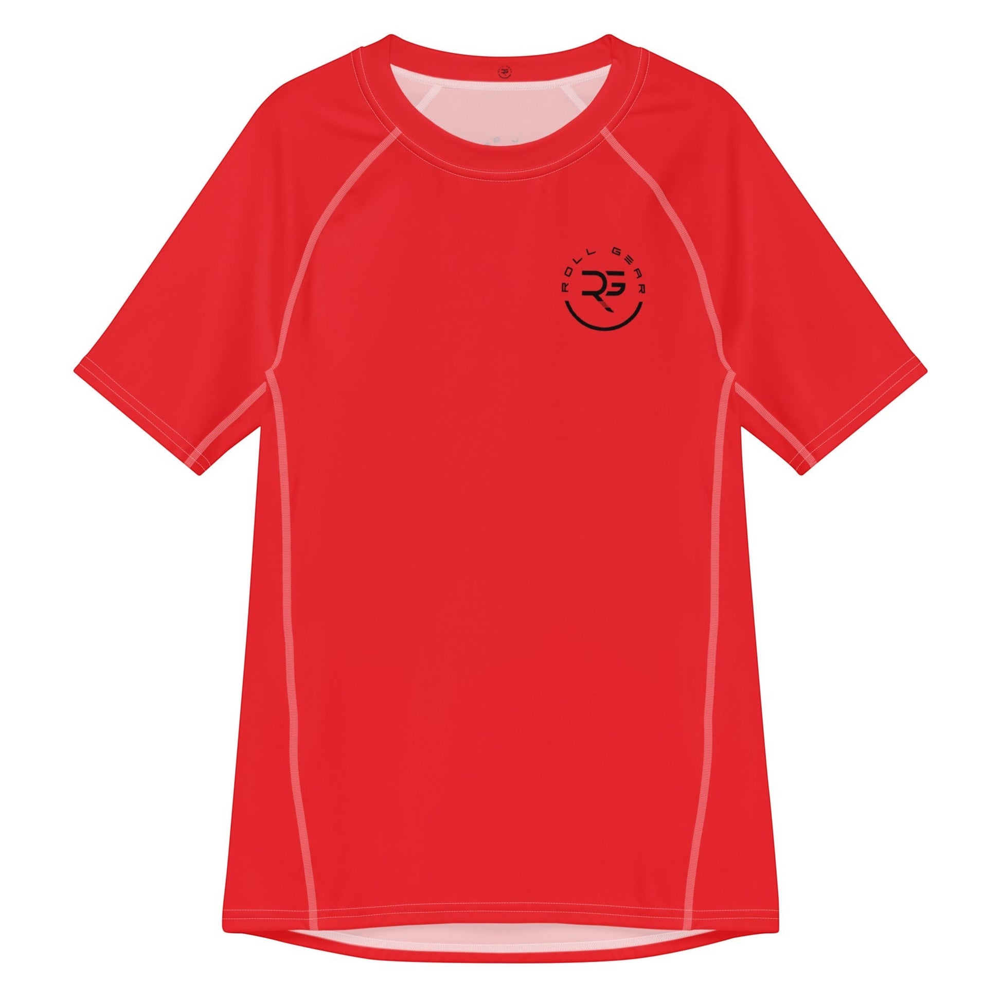 Roll Gear Performance Rash Guard, all red, short sleeve, moisture-wicking, UPF 50+ sun protection, fitted cut.
