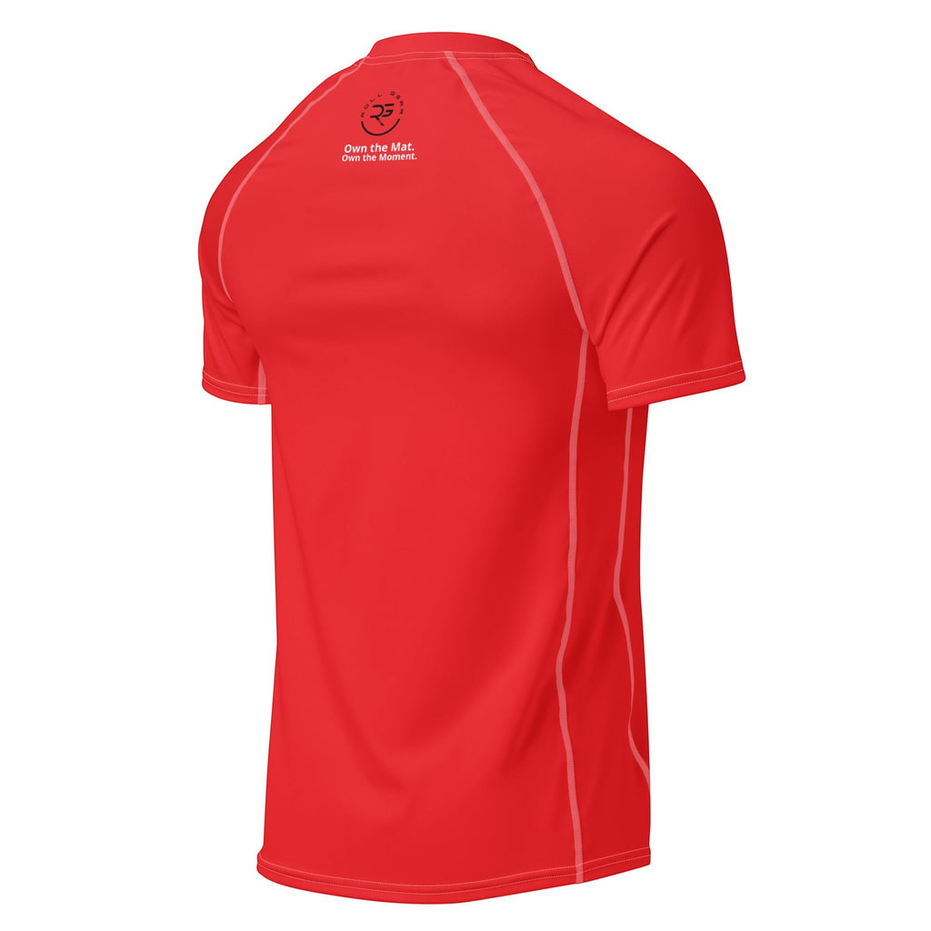 Roll Gear All Red Edition performance rash guard made from recycled polyester and spandex with flatlock seams and UPF 50+ protection.