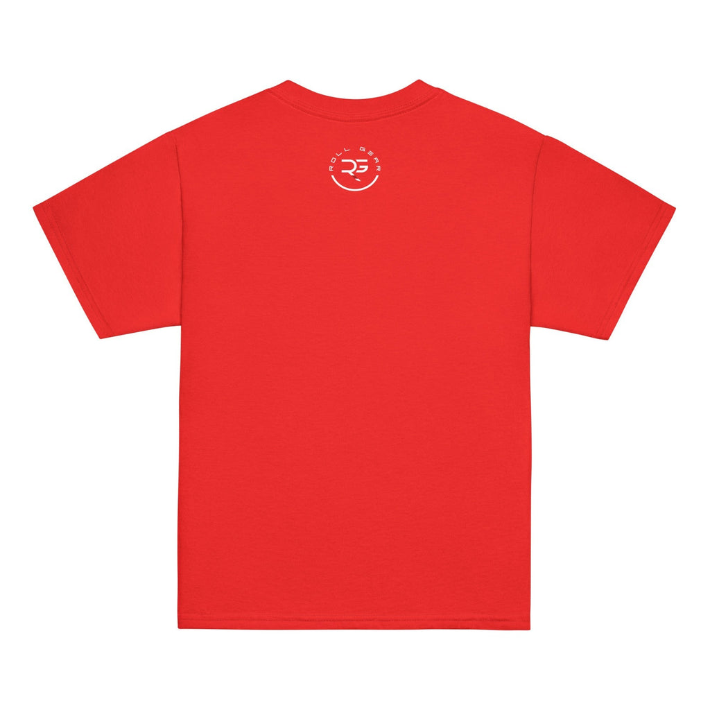 Roll Gear red 100% cotton youth t-shirt with classic fit and a small white logo on the back.