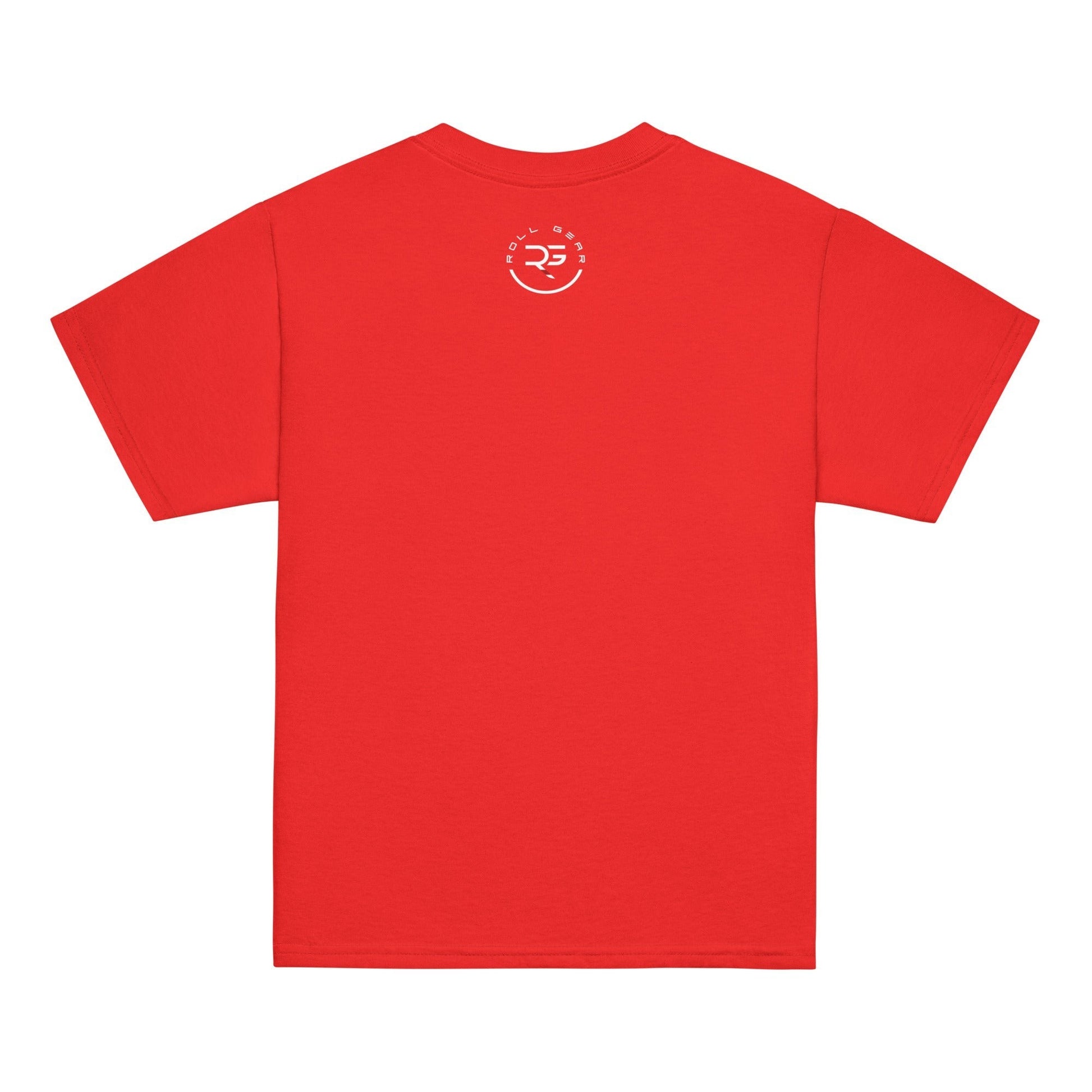 Roll Gear red 100% cotton youth t-shirt with classic fit and a small white logo on the back.