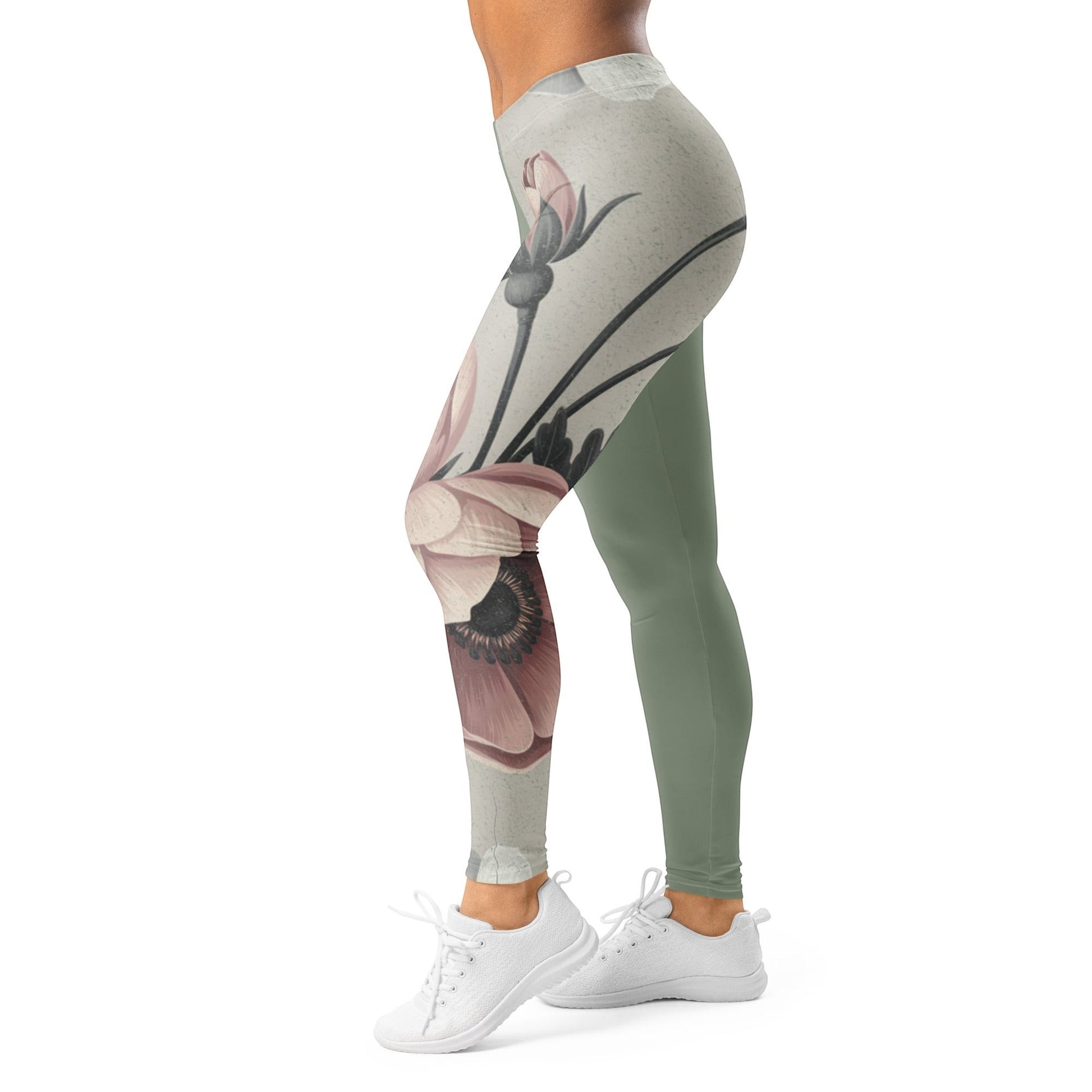 Roll Gear women's sage green athletic leggings with vintage floral print on one leg, four-way stretch microfiber.