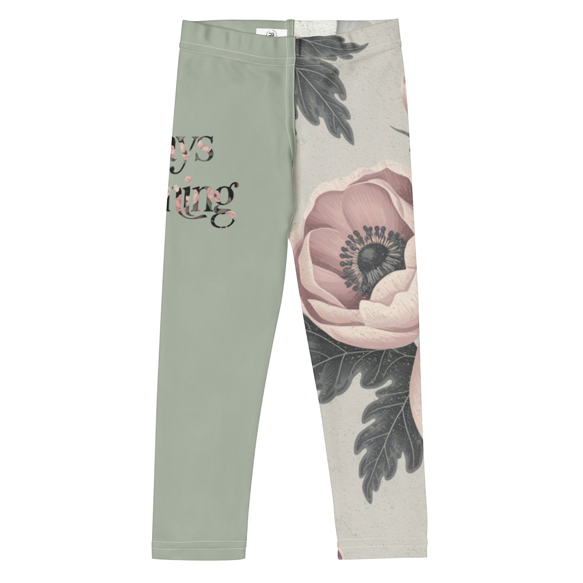 Roll Gear kids sage green leggings with vintage floral artwork and "Always Blooming" text. Four-way stretch microfiber.