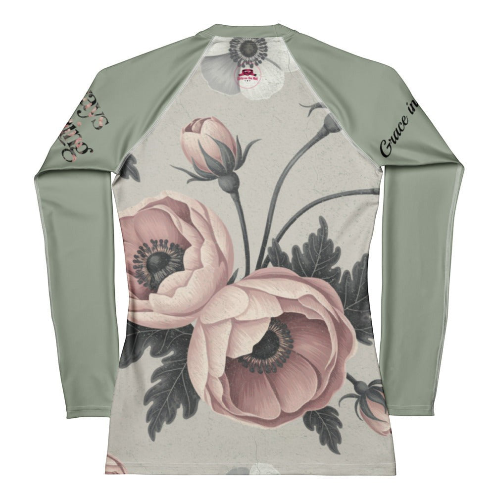 Roll Gear women's long sleeve rash guard in sage green with a floral print and "Grace in" text on sleeve.