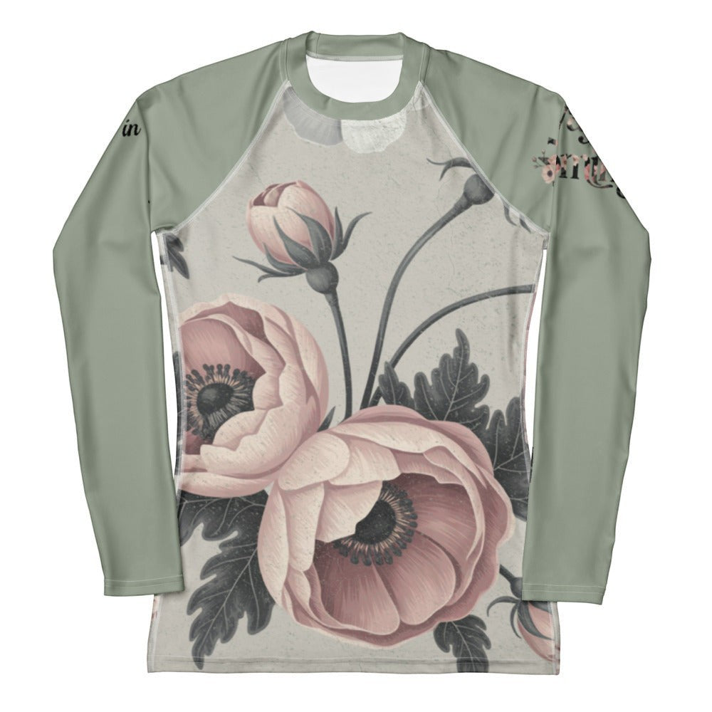 Roll Gear women's long sleeve rash guard in sage green with a vintage floral print. Moisture-wicking and UPF protective.