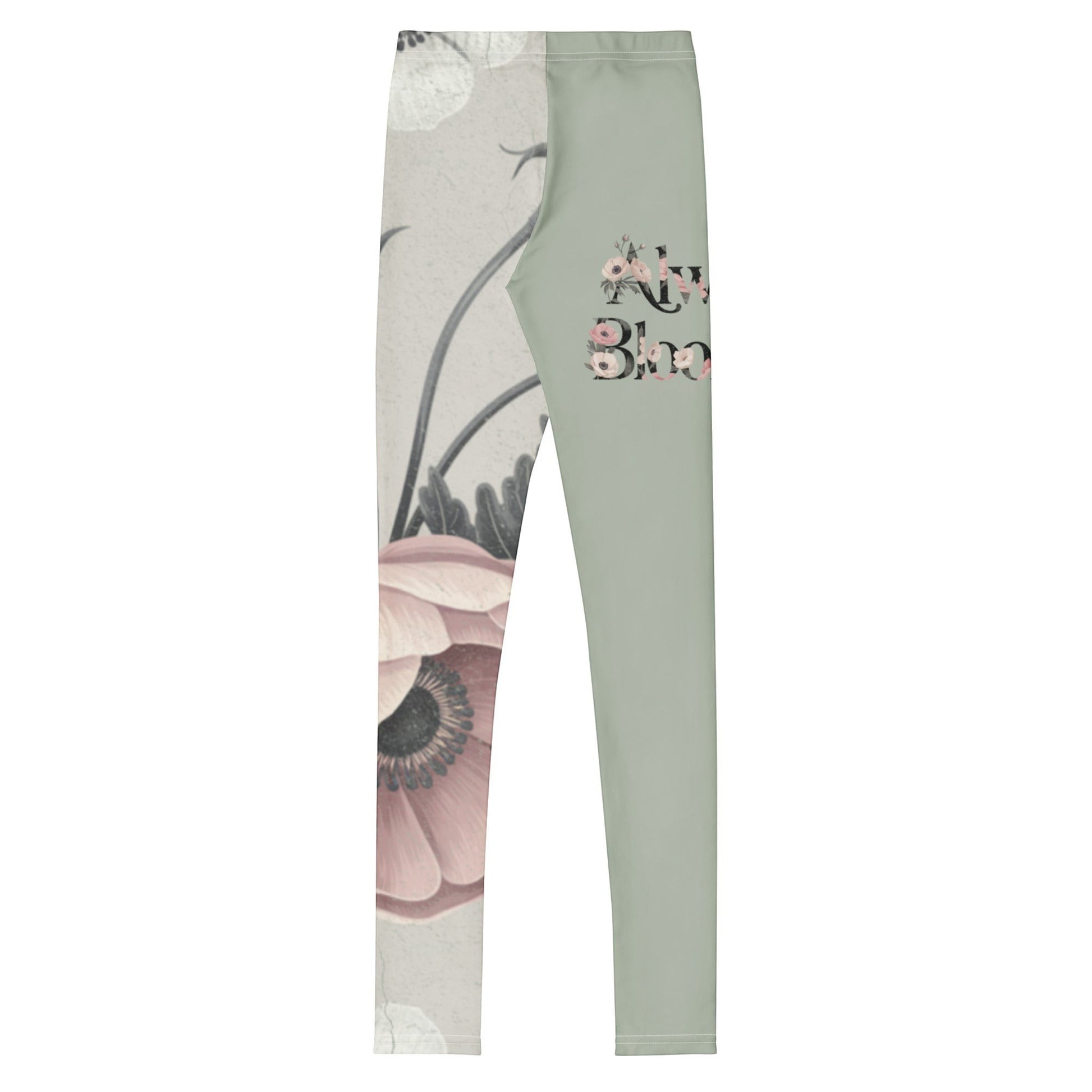 Roll Gear youth spats in sage green with vintage floral artwork on one leg and text on the other. Four-way stretch microfiber.