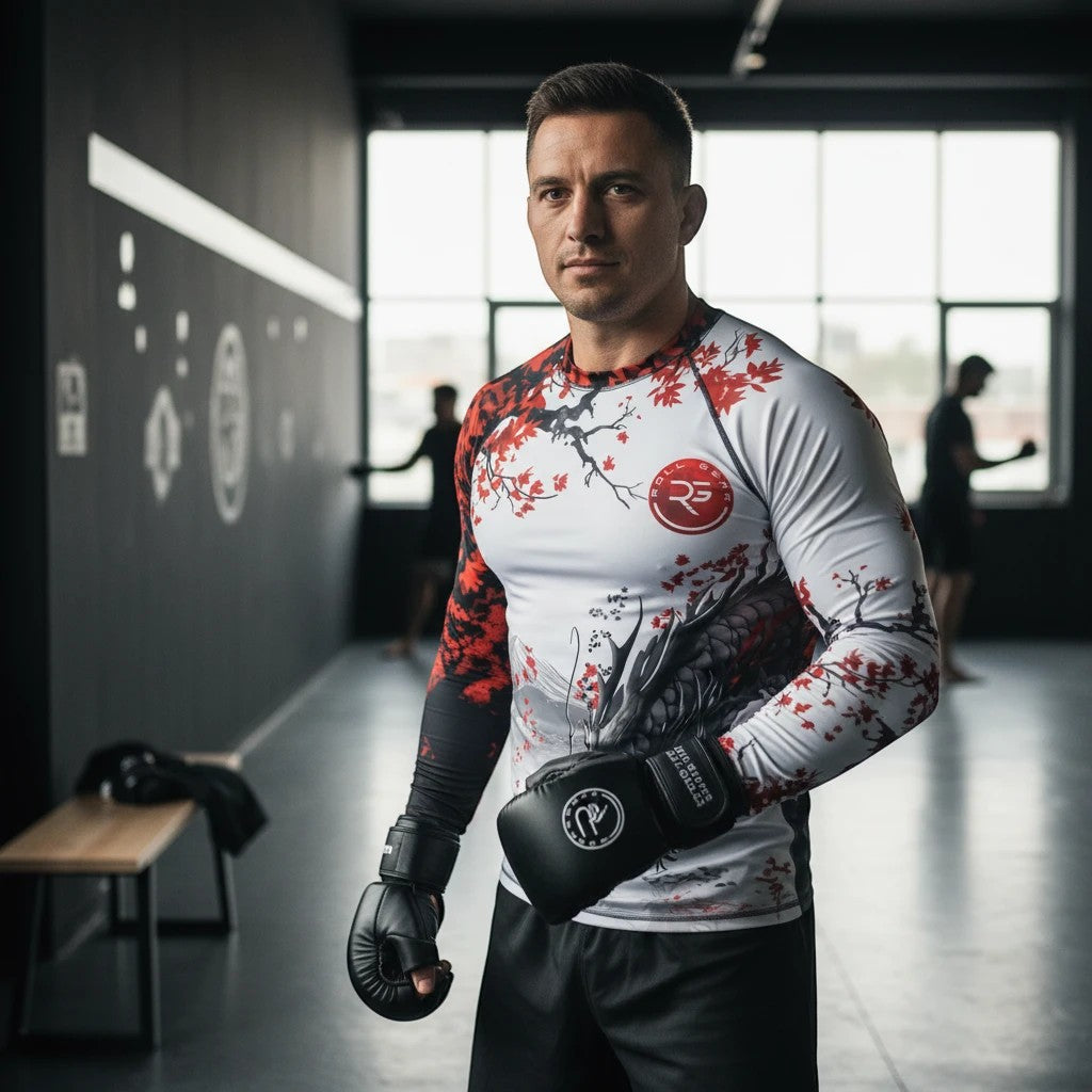 Roll Gear Samurai Dragon Long Sleeve Performance Shirt with white, red, and black Japanese dragon design.