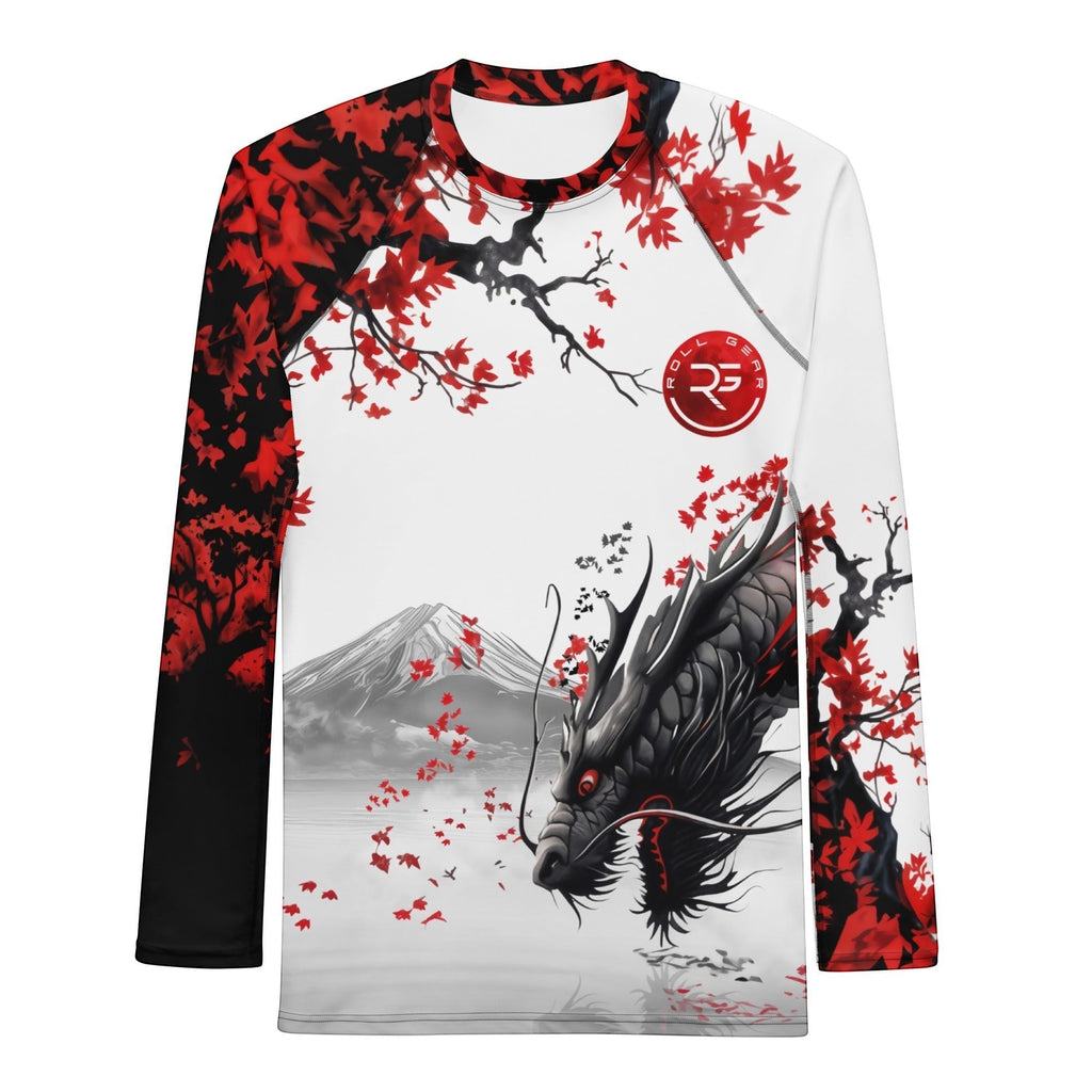 Roll Gear Samurai Dragon Long Sleeve Performance Shirt with Japanese art, dragon, Mt. Fuji, and red maple leaves.