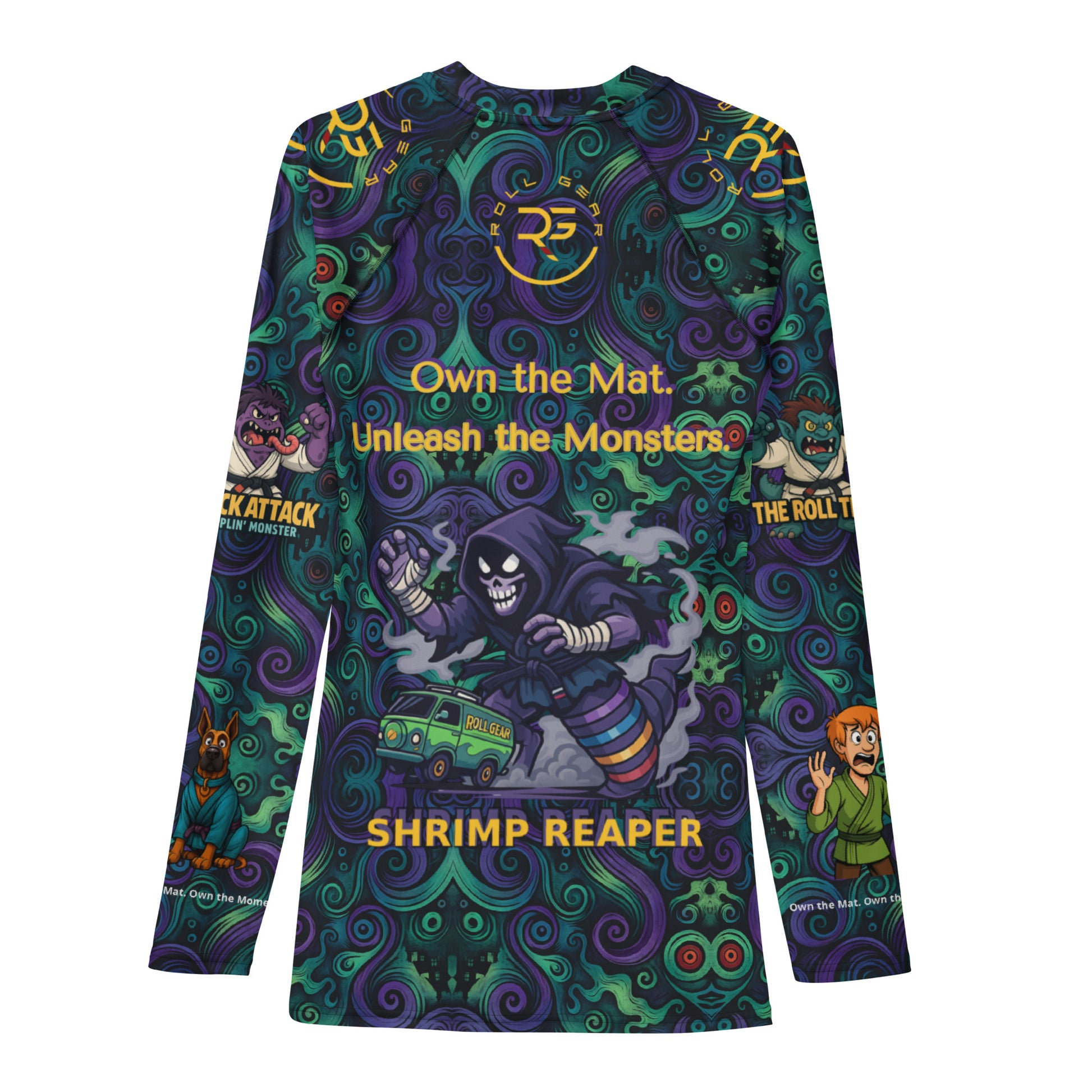 Detail of sleeve with monster cameo and Roll Gear branding on men’s rash guard