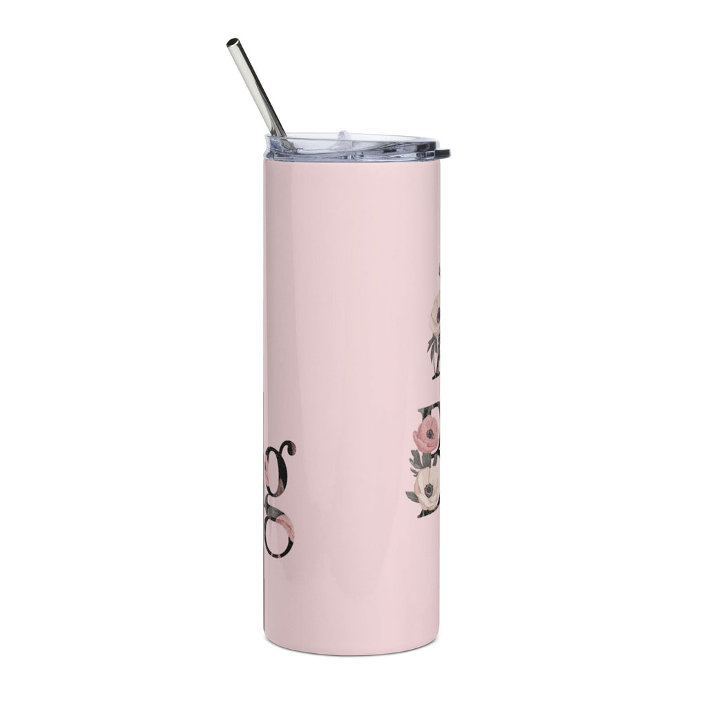 Roll Gear light pink stainless steel 20 oz tumbler with floral accents and metal straw. Features "Always Blooming" text.