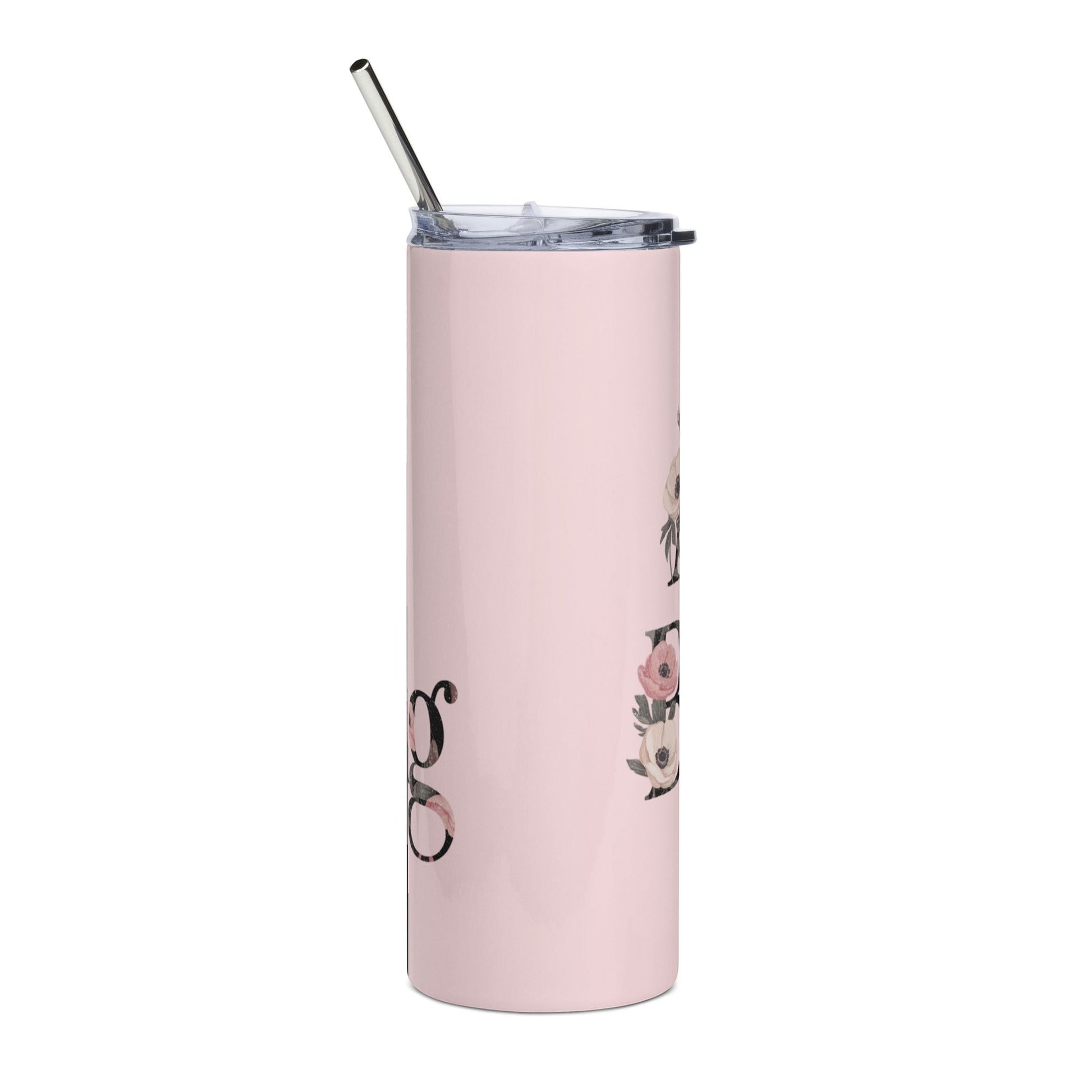 Roll Gear light pink stainless steel 20 oz tumbler with floral accents and metal straw. Features "Always Blooming" text.