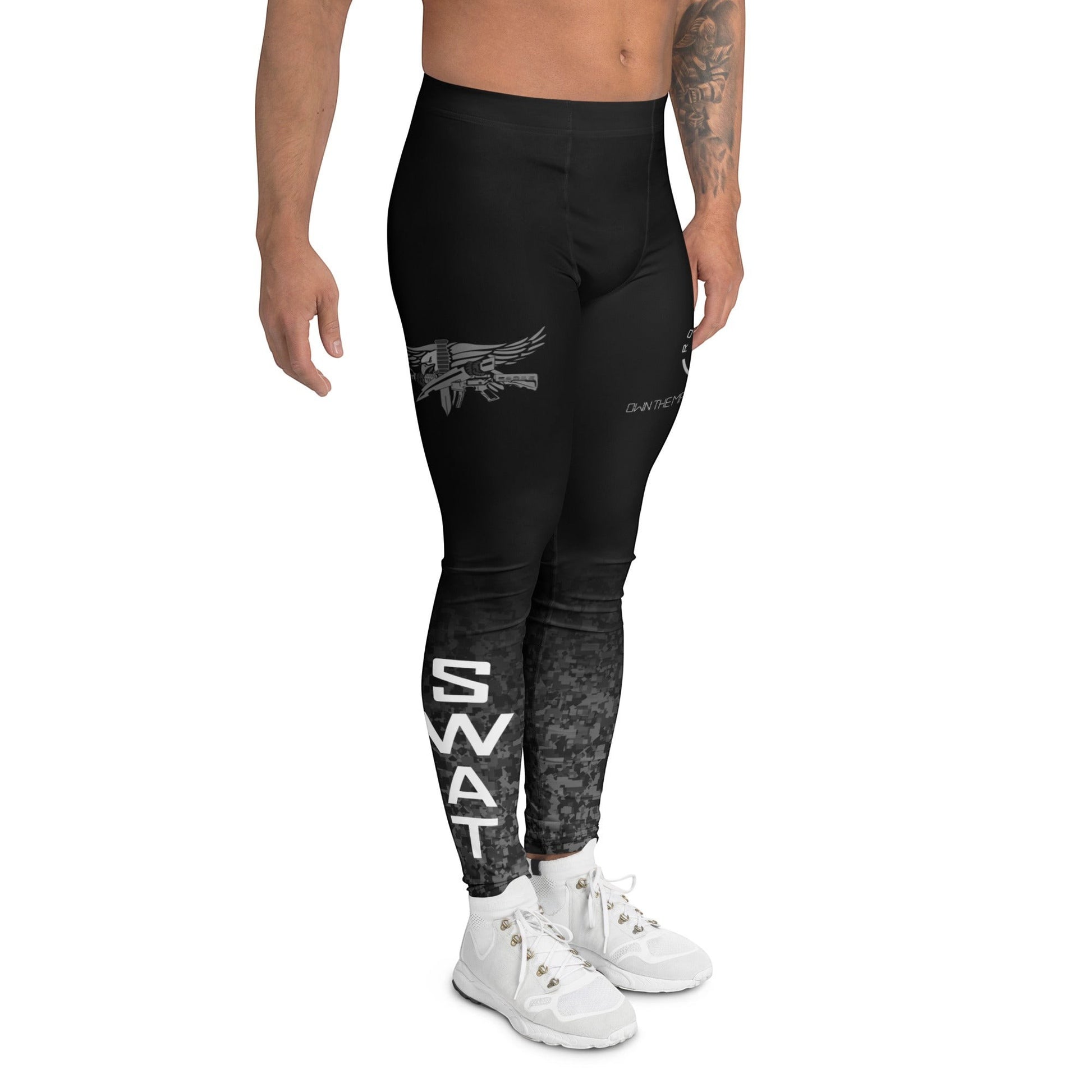 Roll Gear men's black compression spats with urban fade tactical print and SWAT graphics. Polyester-spandex blend.