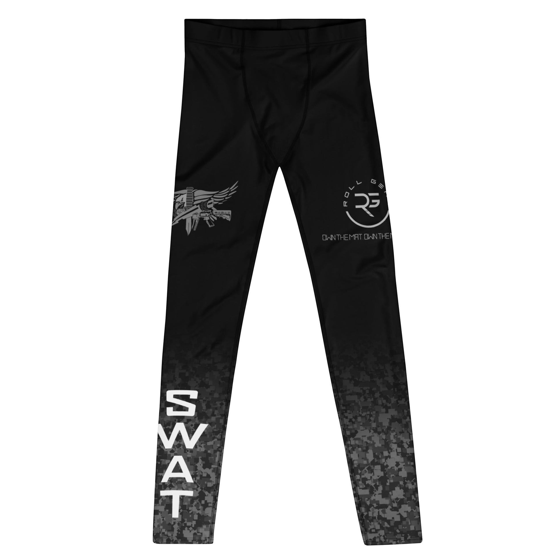 Roll Gear men's black and urban fade tactical compression spats with SWAT graphics and reinforced seams.
