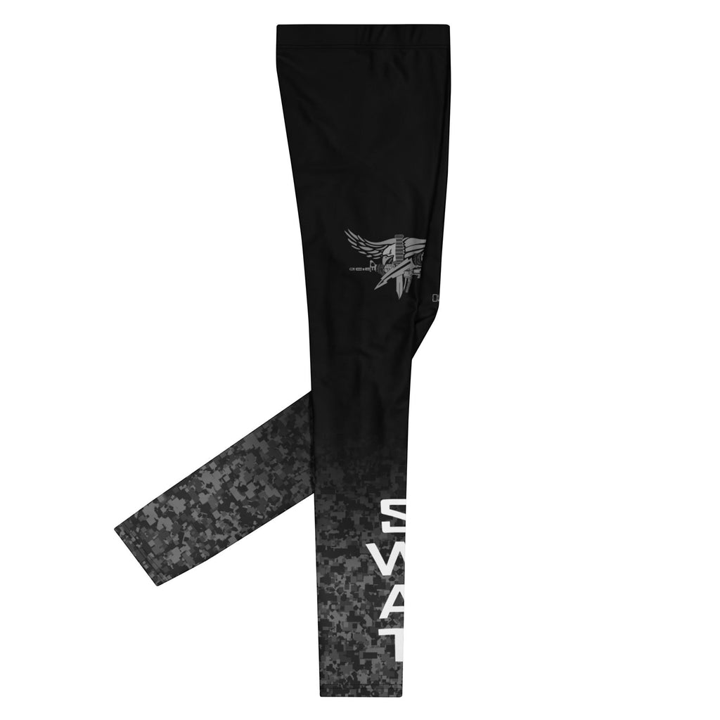 Roll Gear Men's SWAT compression spats in black with urban fade tactical print and graphics. Made of polyester and spandex.