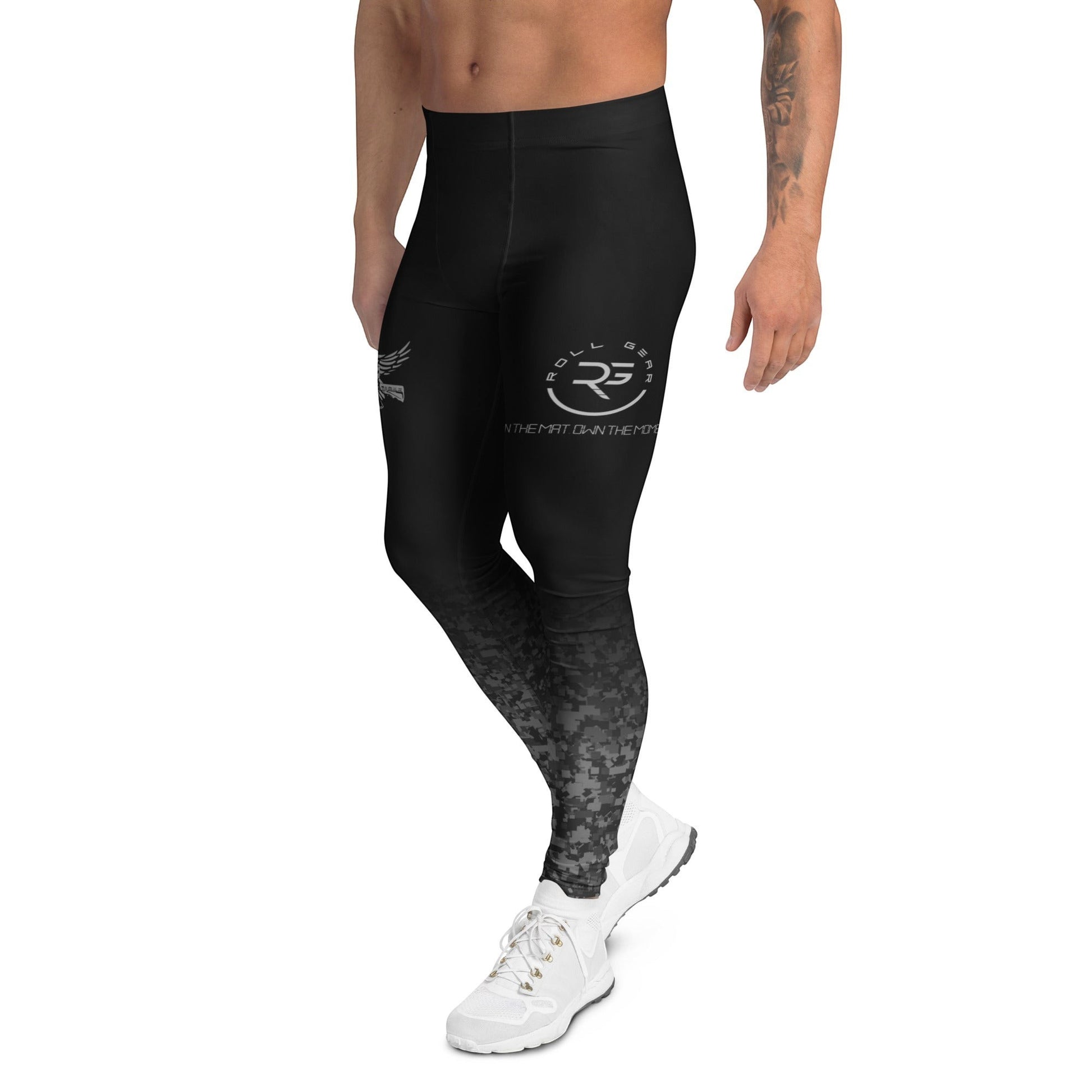 Roll Gear Men's black compression spats with urban fade tactical print and SWAT graphics. Polyester-spandex blend.