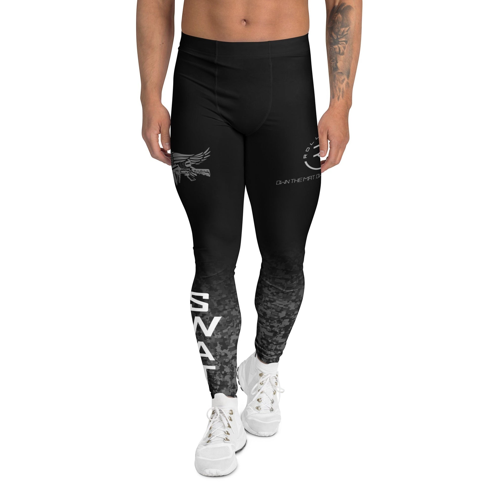 Roll Gear Men's SWAT compression spats in black with an urban fade and tactical graphics. Made of polyester and spandex.