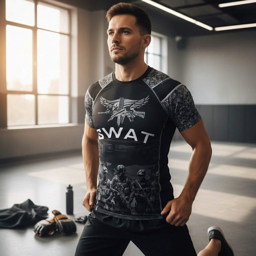 Roll Gear unisex SWAT Edition short sleeve rash guard in black with urban camo sleeves and tactical graphics. Compression fit.