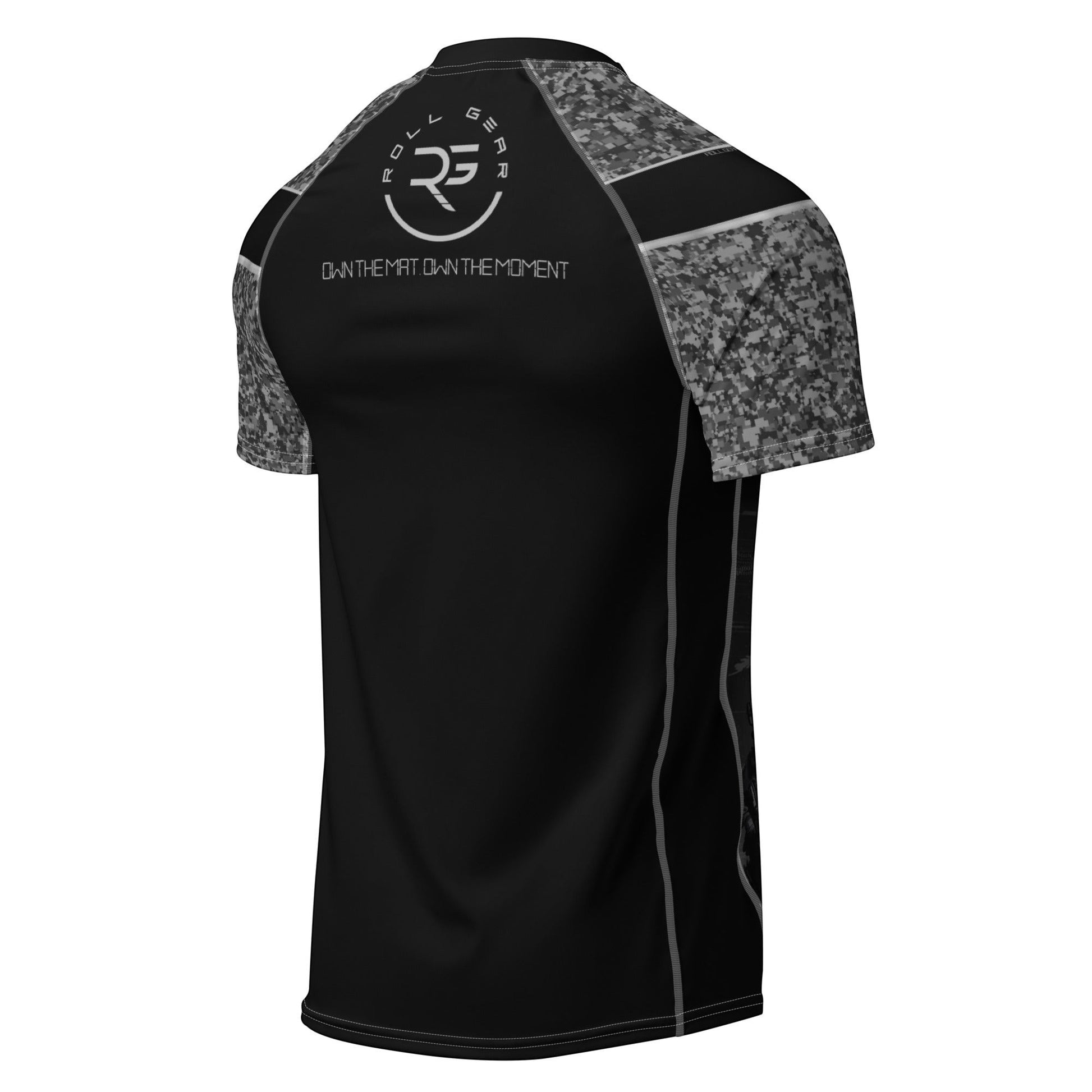 Roll Gear Unisex SWAT Edition short sleeve rash guard in black with urban camo sleeves and tactical graphics.