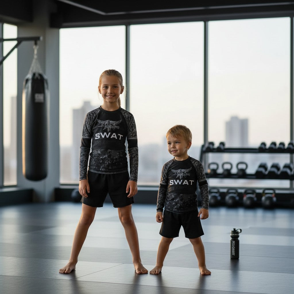 Roll Gear black & urban camo long sleeve rash guard with SWAT graphic and tactical eagle emblem.