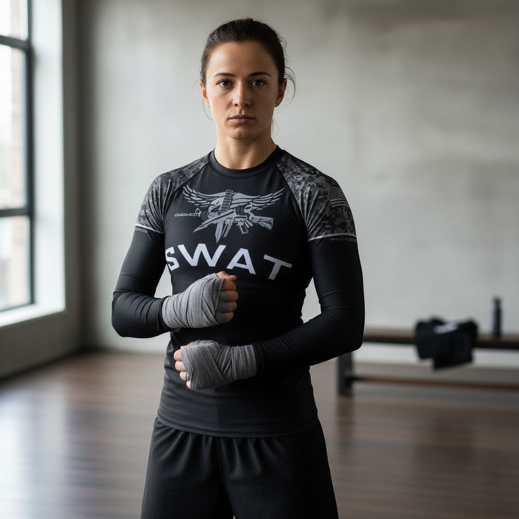 Roll Gear Women’s SWAT Edition long sleeve rash guard in black with urban camo sleeves and tactical graphics.