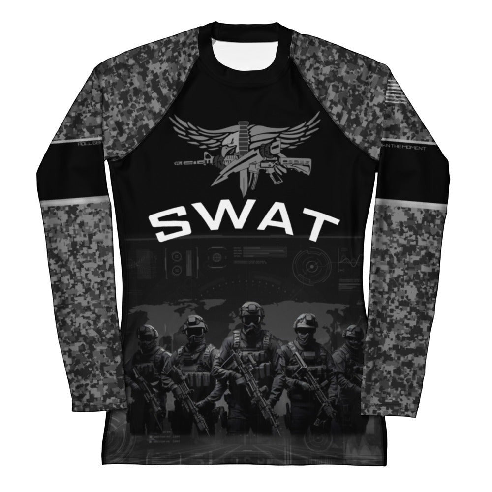 Roll Gear Women’s SWAT Edition long sleeve rash guard in black with urban camo sleeves, tactical eagle emblem, and SWAT graphic.