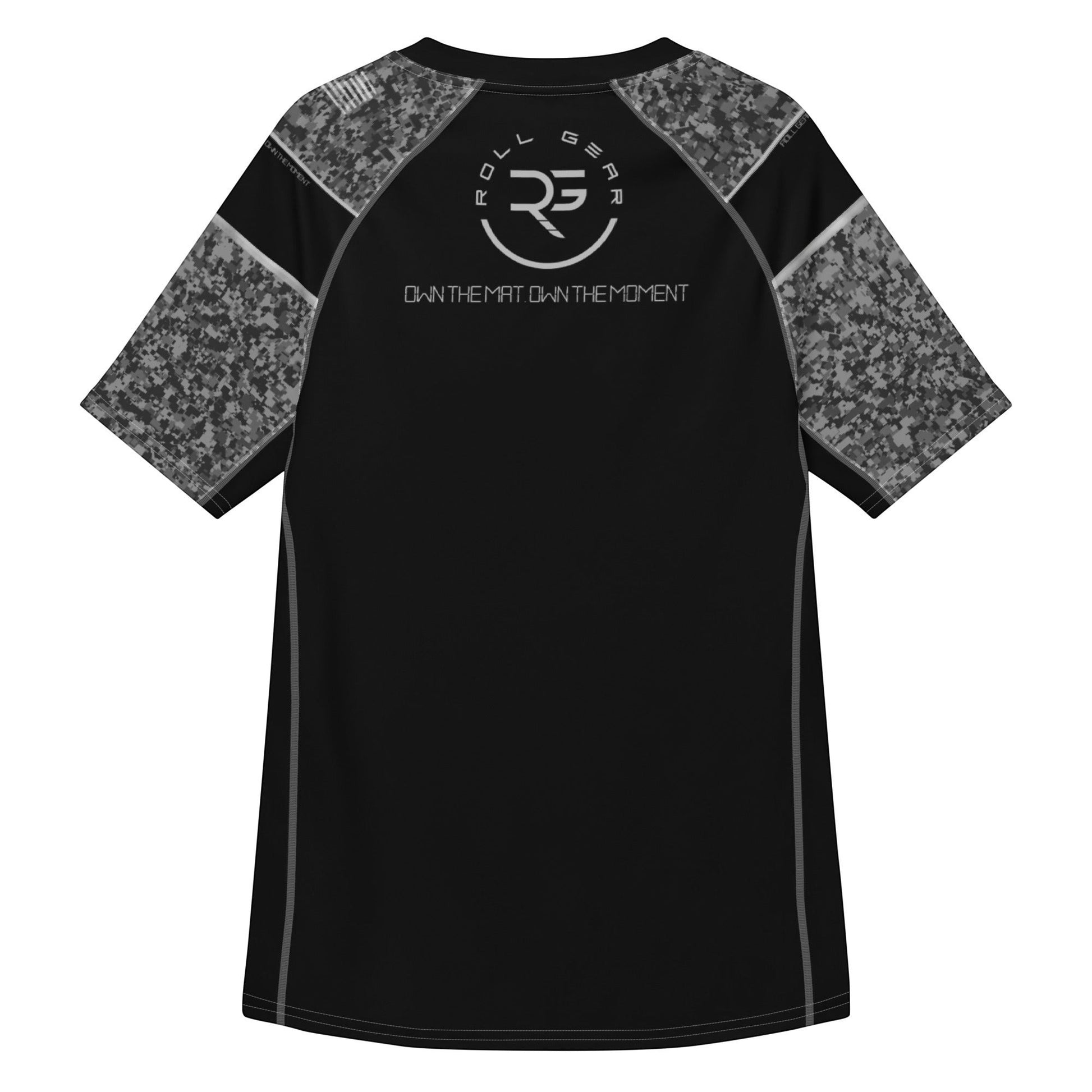 Roll Gear Unisex SWAT Edition short sleeve rash guard in black with urban camo sleeves and tactical graphics.