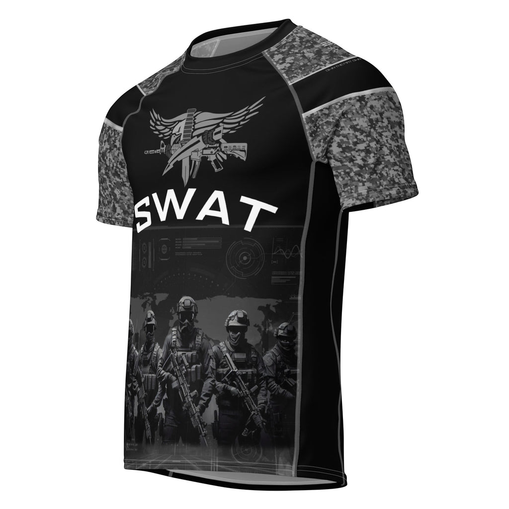 Roll Gear unisex SWAT edition short sleeve rash guard in black with urban camo sleeves and tactical graphics.