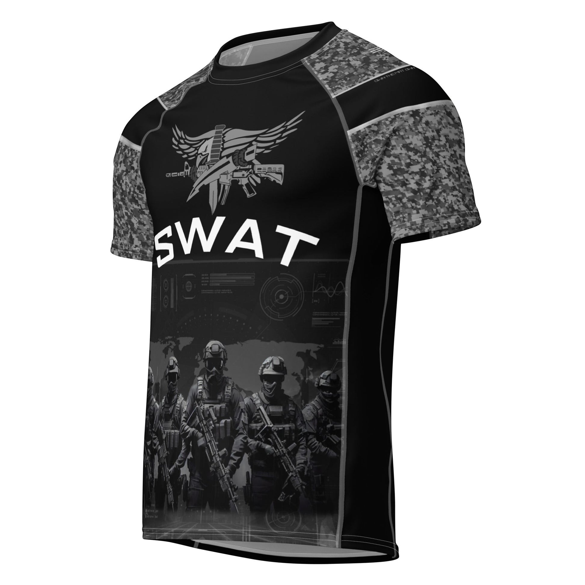 Roll Gear unisex SWAT edition short sleeve rash guard in black with urban camo sleeves and tactical graphics.
