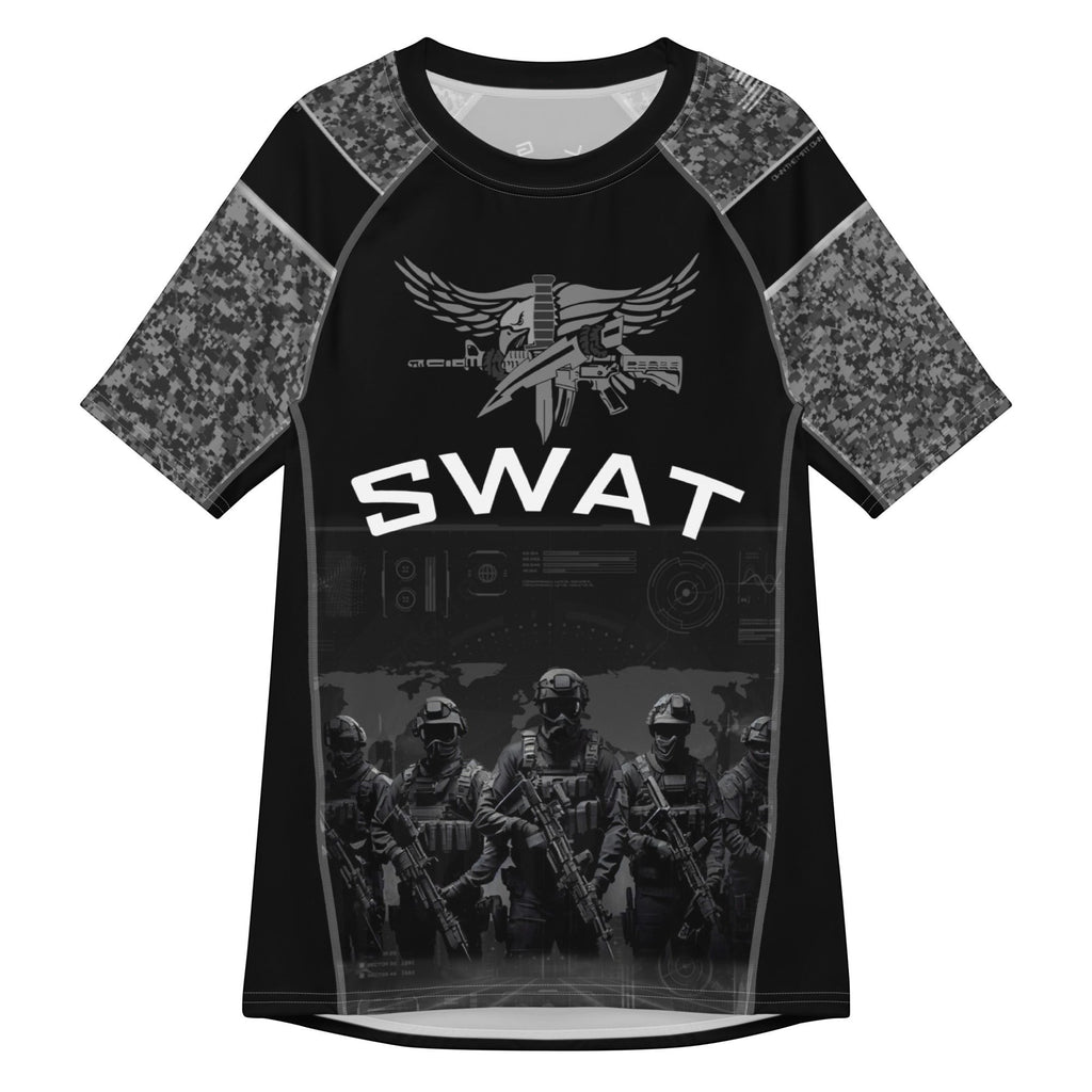 Roll Gear Unisex SWAT Edition short sleeve rash guard in black with urban camo sleeves and tactical graphics. Compression fit.