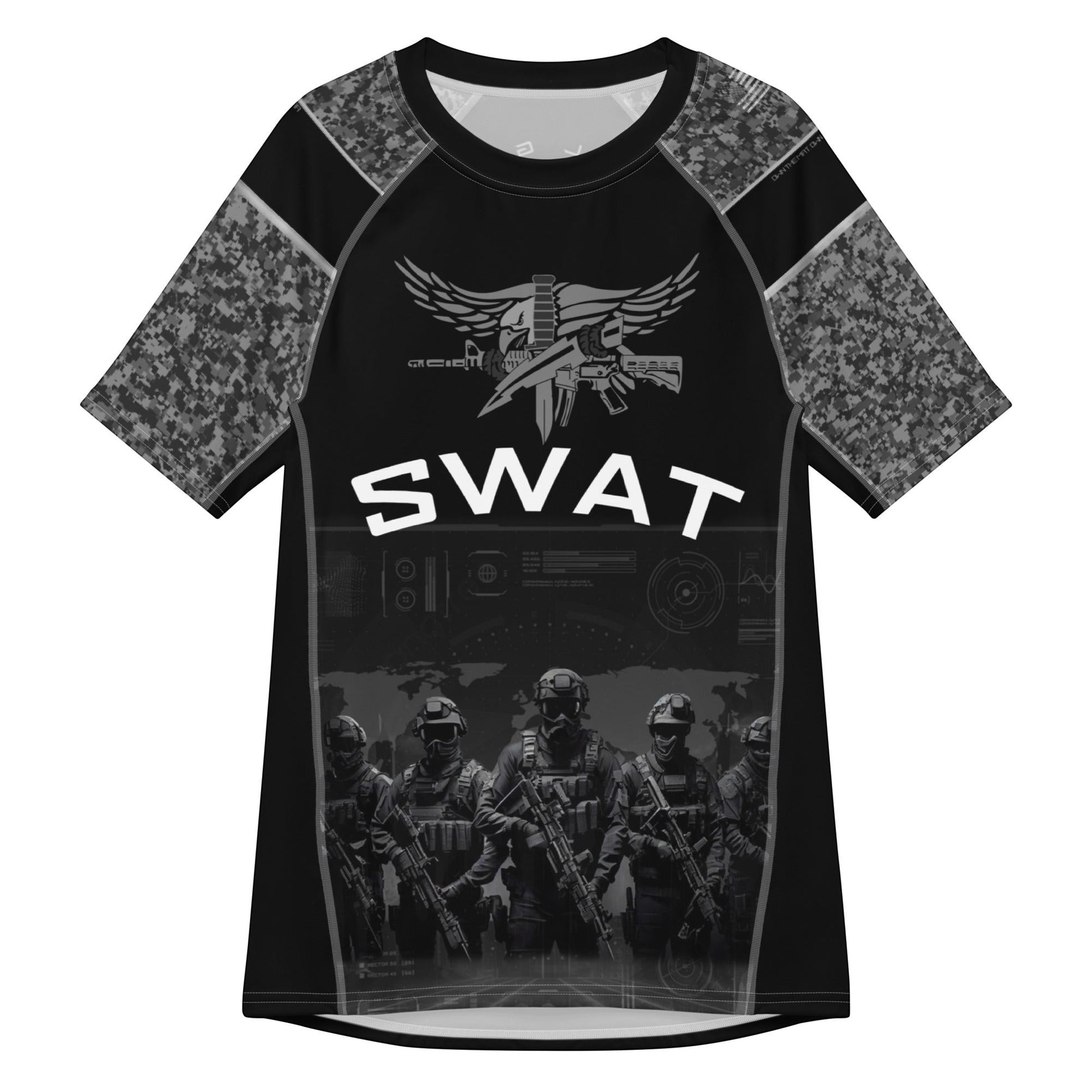 Roll Gear Unisex SWAT Edition short sleeve rash guard in black with urban camo sleeves and tactical graphics. Compression fit.