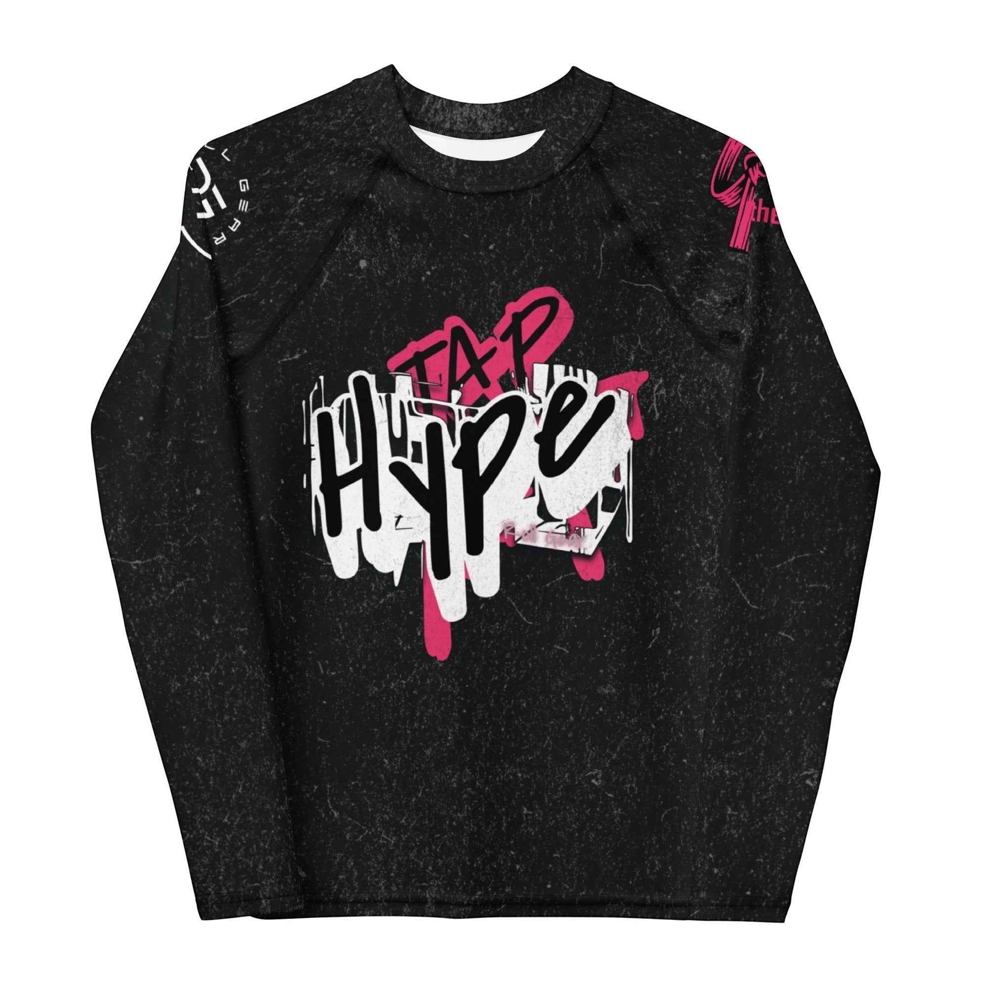Roll Gear Tap Hype Pink Edition Youth Long-Sleeve BJJ Rash Guard with graffiti-style graphics.