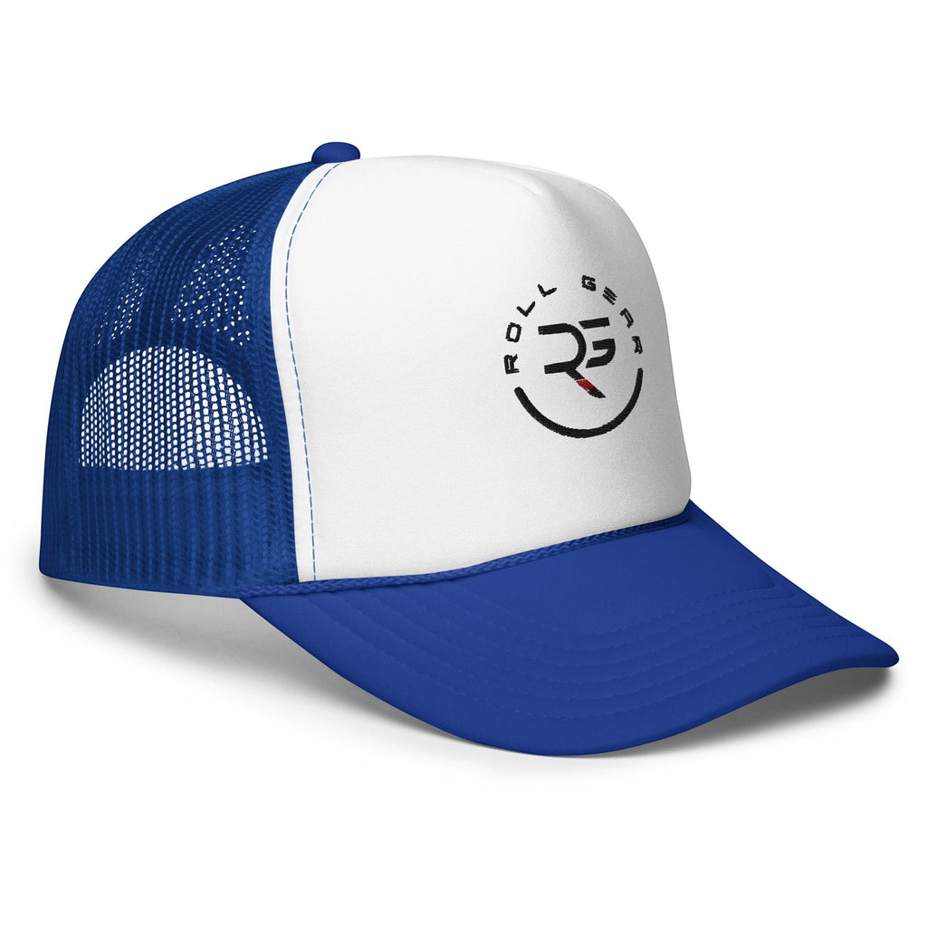Roll Gear trucker hat with white front panel and blue mesh back. Features embroidered logo.
