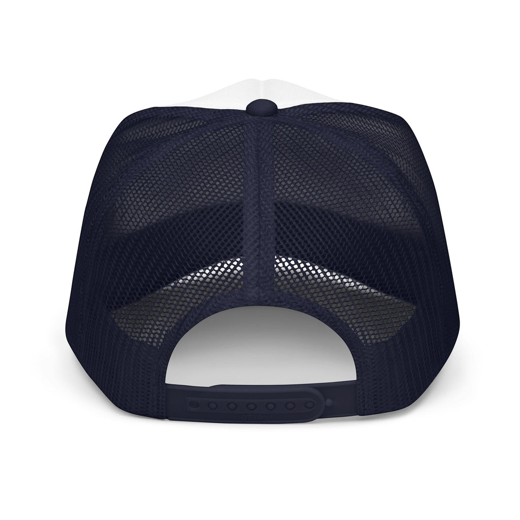 Roll Gear trucker hat with white front panel and navy mesh back. Features adjustable snapback closure.