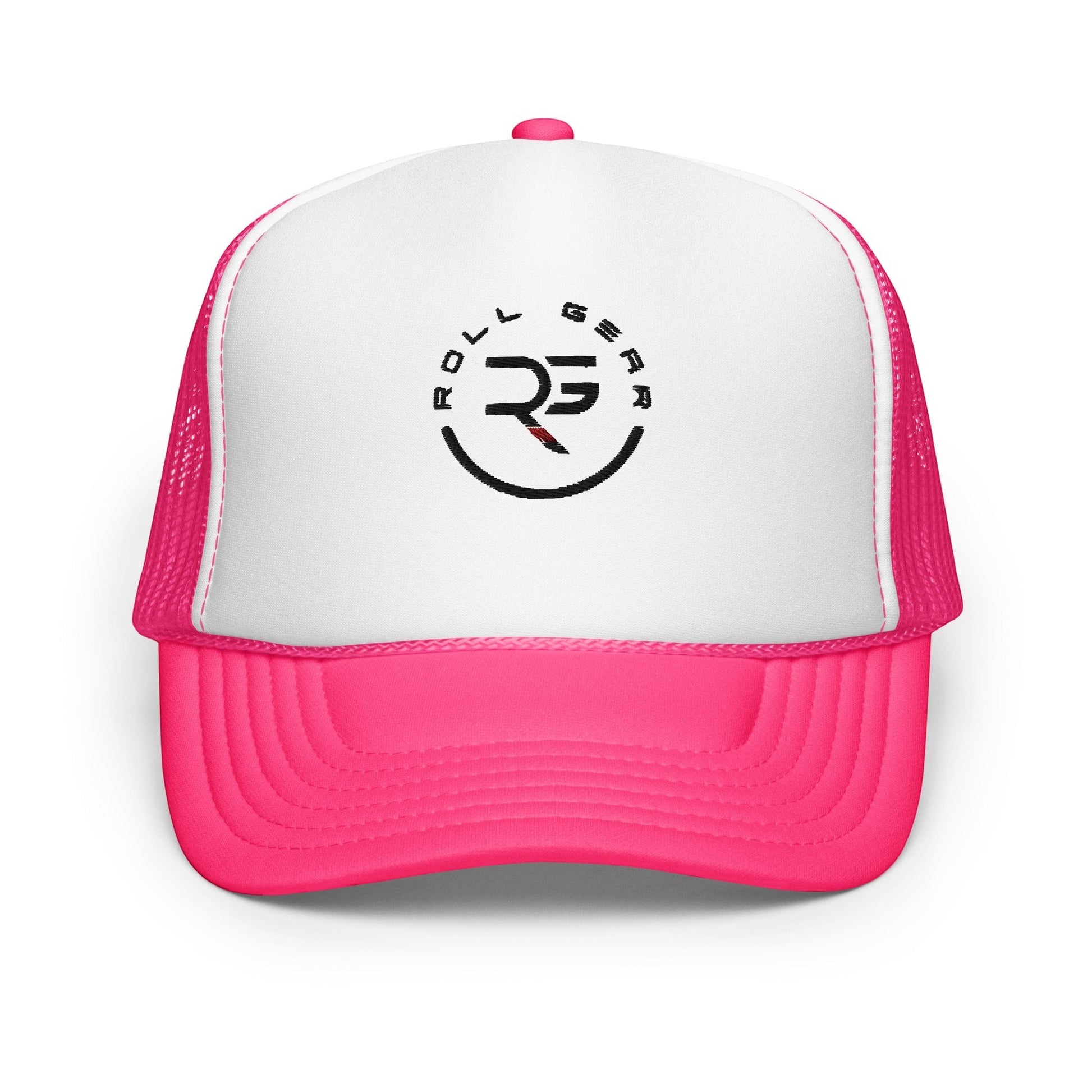 Roll Gear trucker hat with white front panel, embroidered logo, and hot pink mesh back and bill. Adjustable snapback.