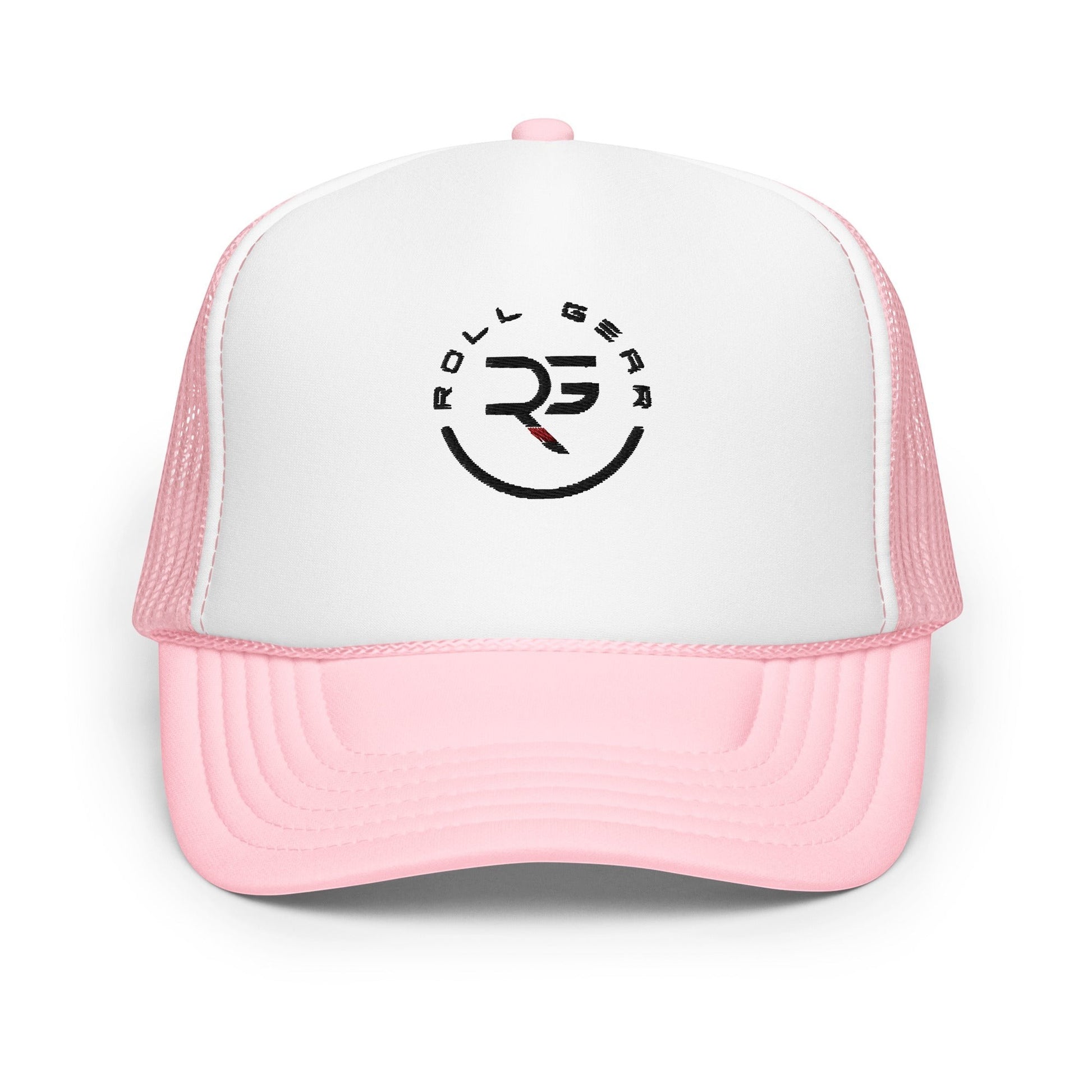 Roll Gear trucker hat with white front panel, pink brim, and mesh back. Features embroidered logo.