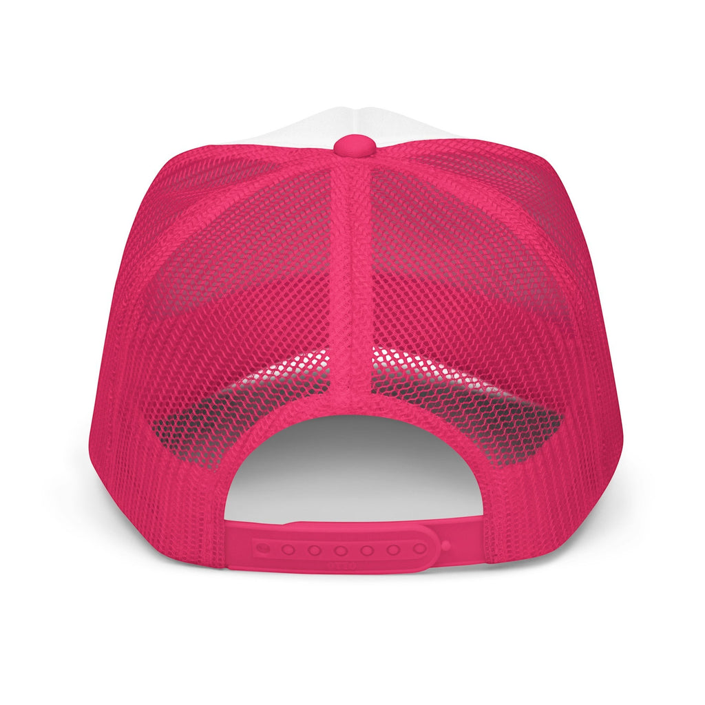 Roll Gear trucker hat with white front and hot pink mesh back. Features adjustable snapback closure.