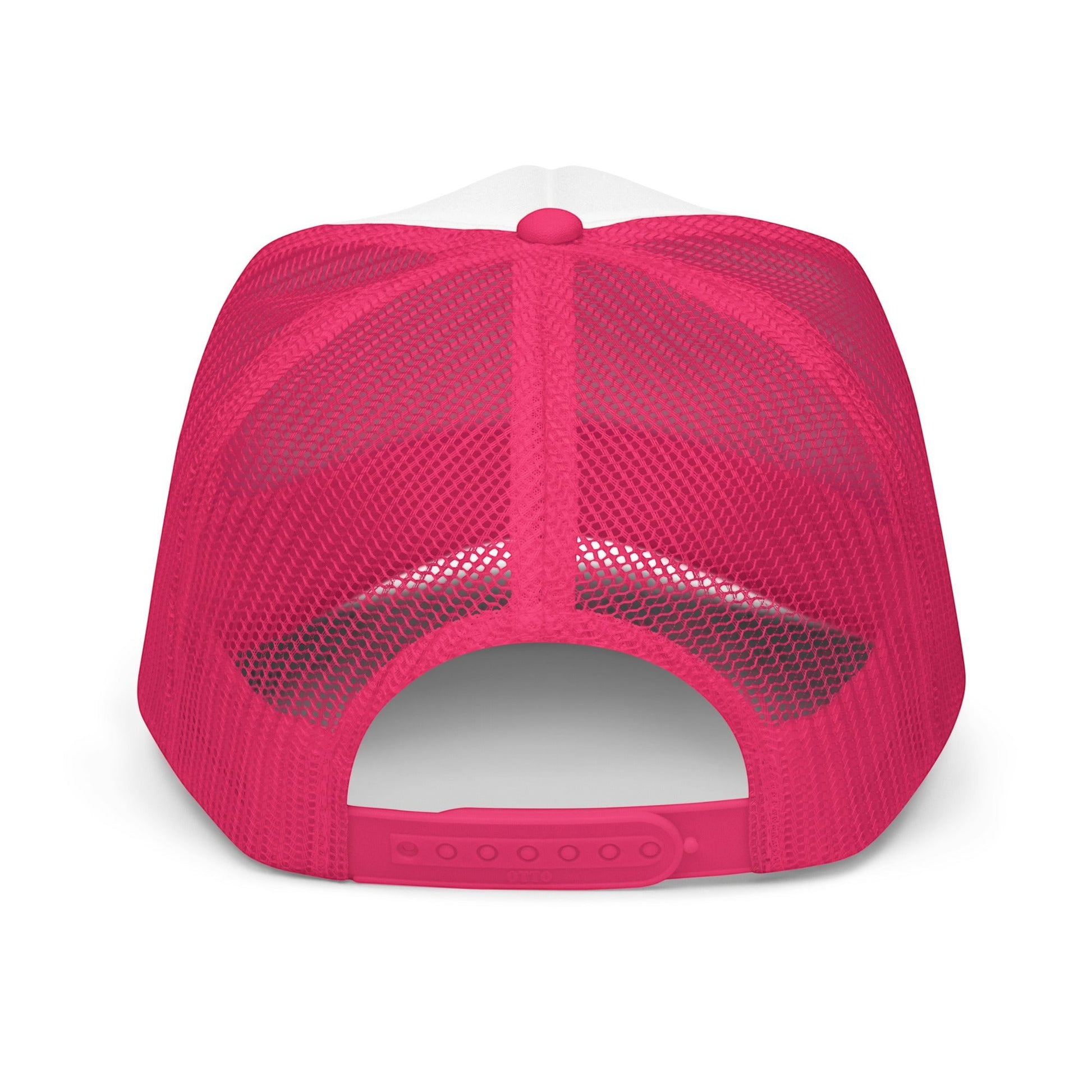 Roll Gear trucker hat with white front and hot pink mesh back. Features adjustable snapback closure.