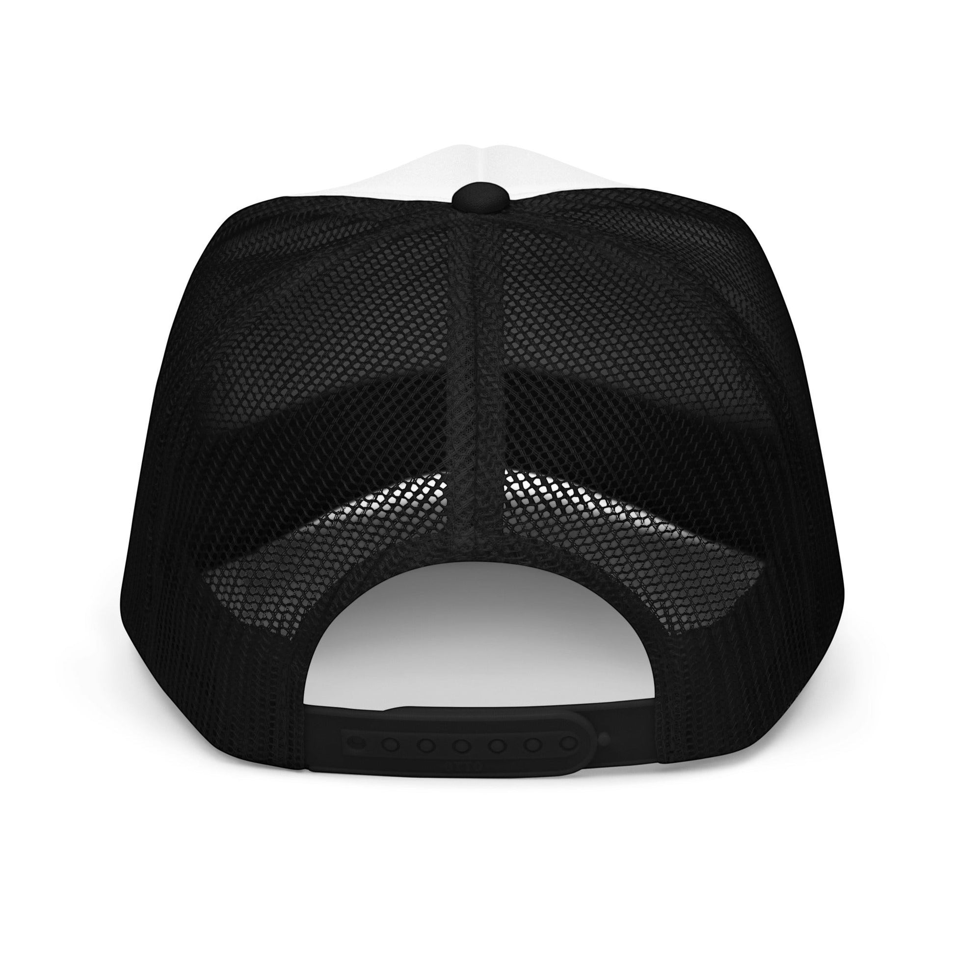 Roll Gear trucker hat in white and black with mesh back and adjustable snapback closure.