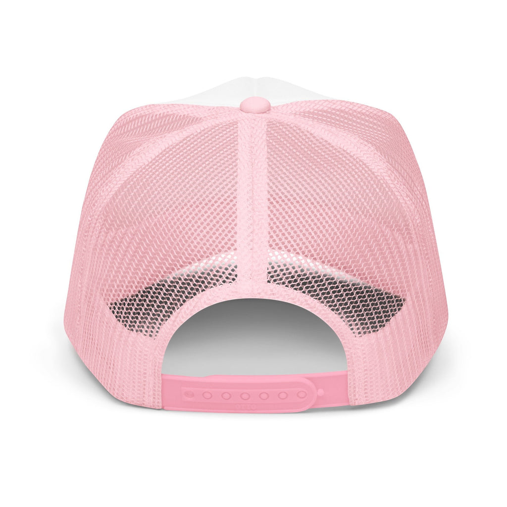 Roll Gear trucker hat in white and pink with mesh back and adjustable snapback closure.