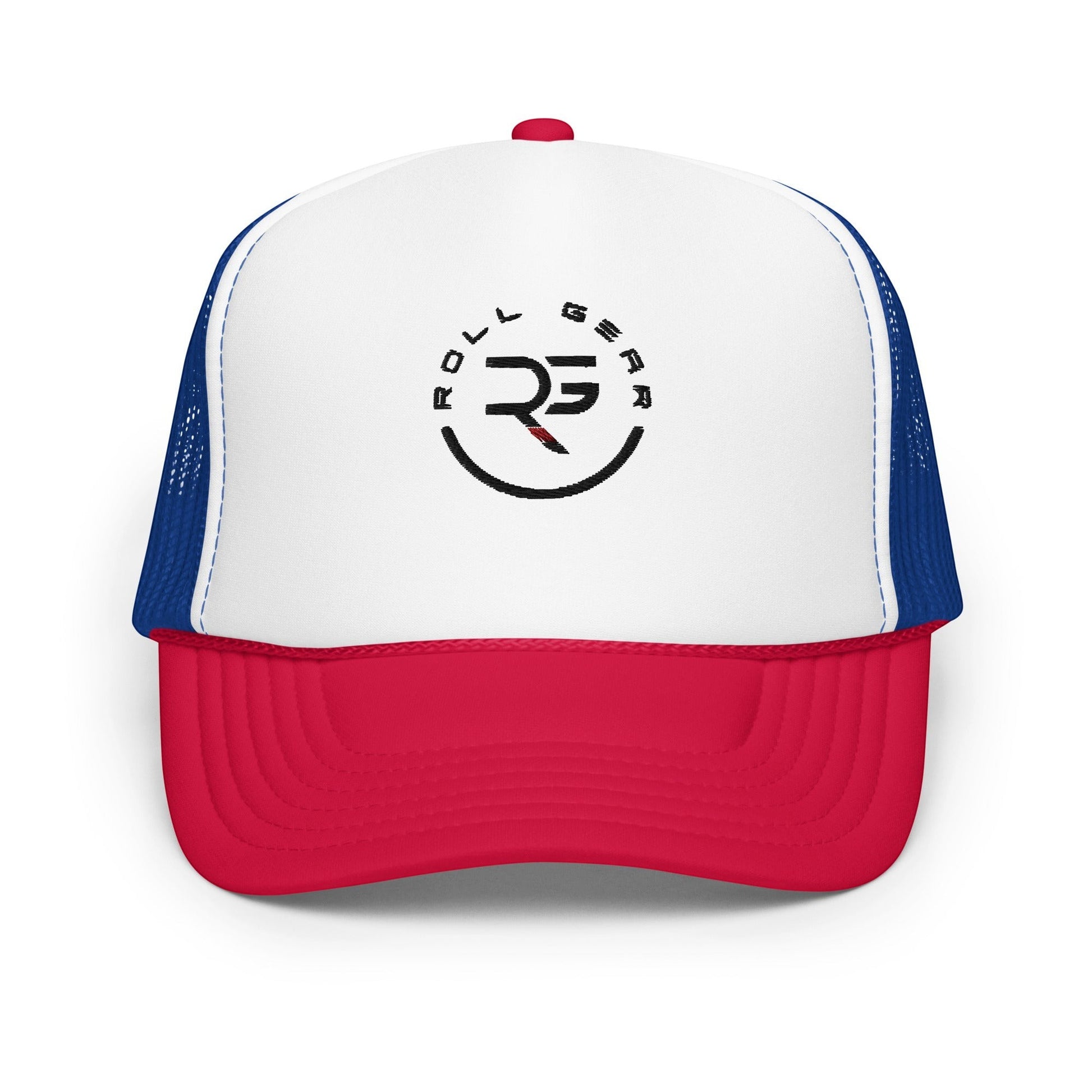 Roll Gear trucker hat with white front panel, red bill, and blue mesh back. Features embroidered logo.