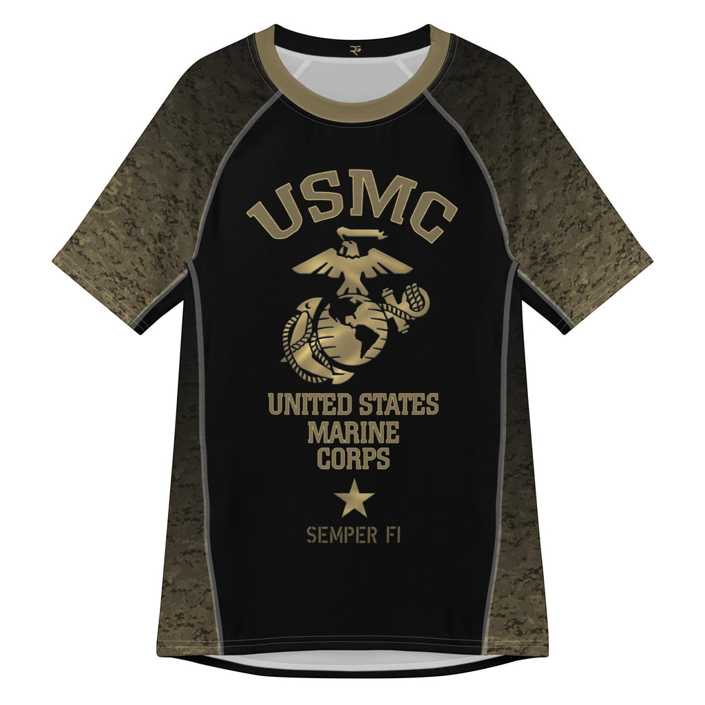 Roll Gear Unisex Marines Gold short sleeve rash guard in black with gold sleeves and USMC emblem. Ideal for athletic training.