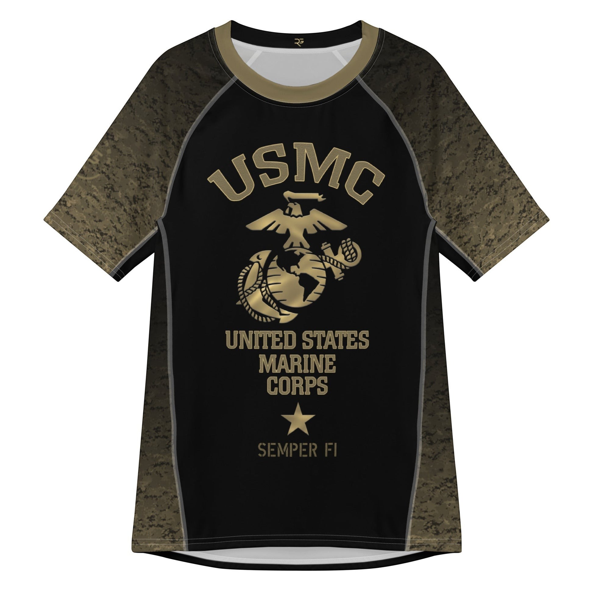 Roll Gear Unisex Marines Gold short sleeve rash guard in black with gold sleeves and USMC emblem. Ideal for athletic training.