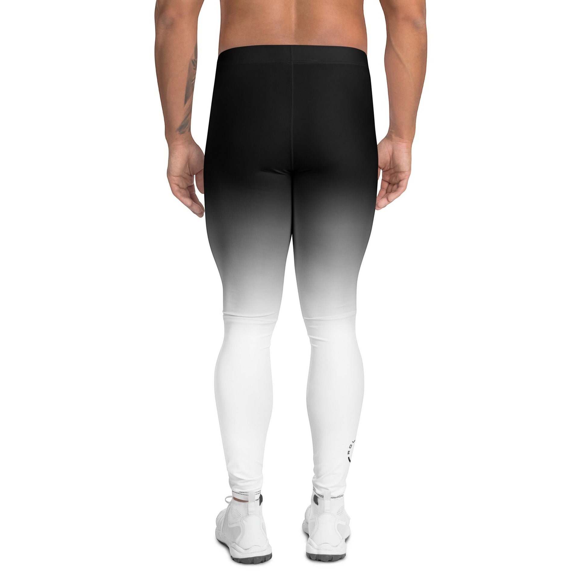 Roll Gear men's white and black gradient fade compression training spats, moisture-wicking and 4-way stretch fabric.