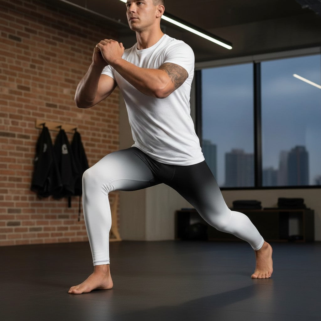 Roll Gear men's white and black gradient compression training spats, moisture-wicking and 4-way stretch fabric.